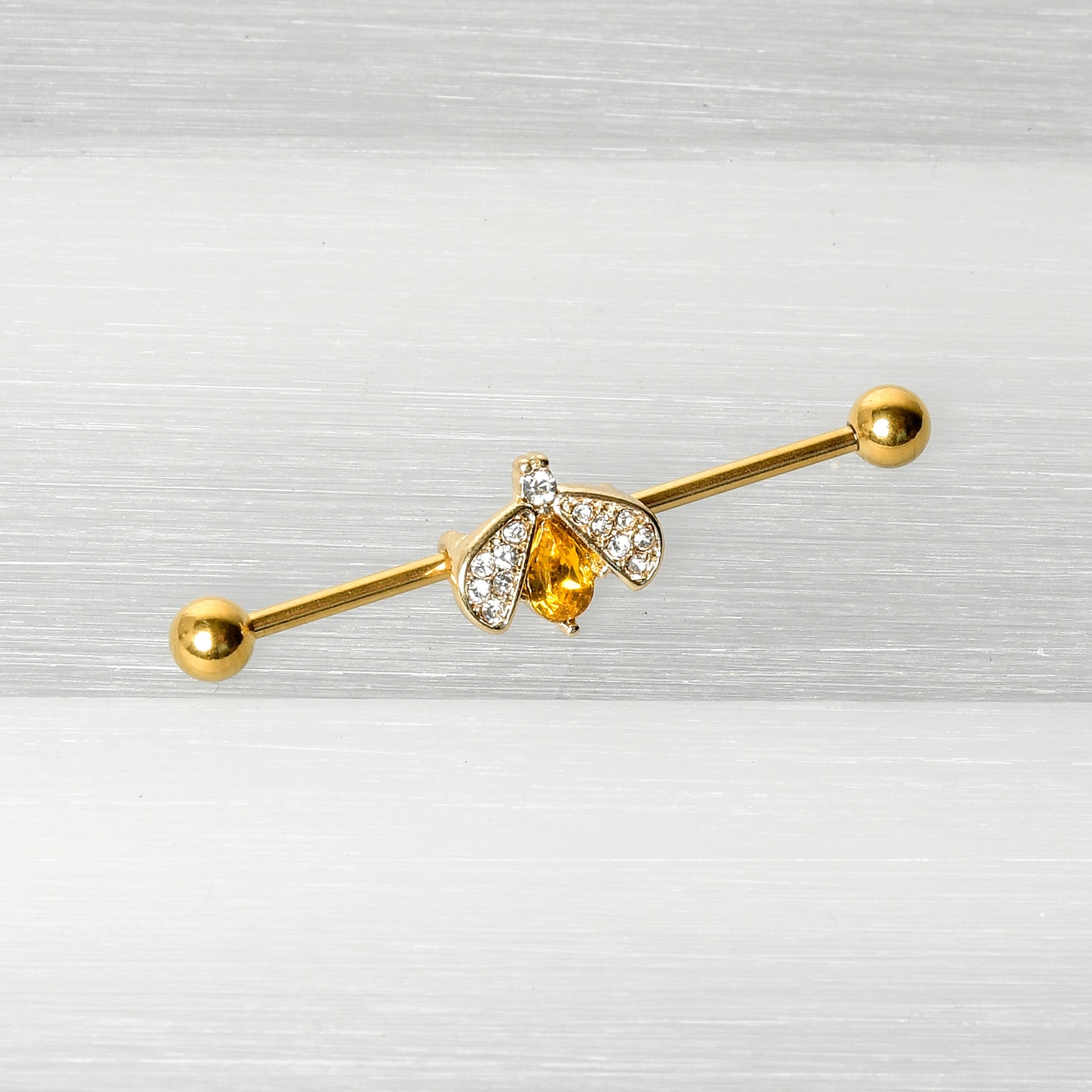 BodyCandy 14G Clear Yellow Gem Gold Tone Style Bug Industrial Barbell 38mm — back view