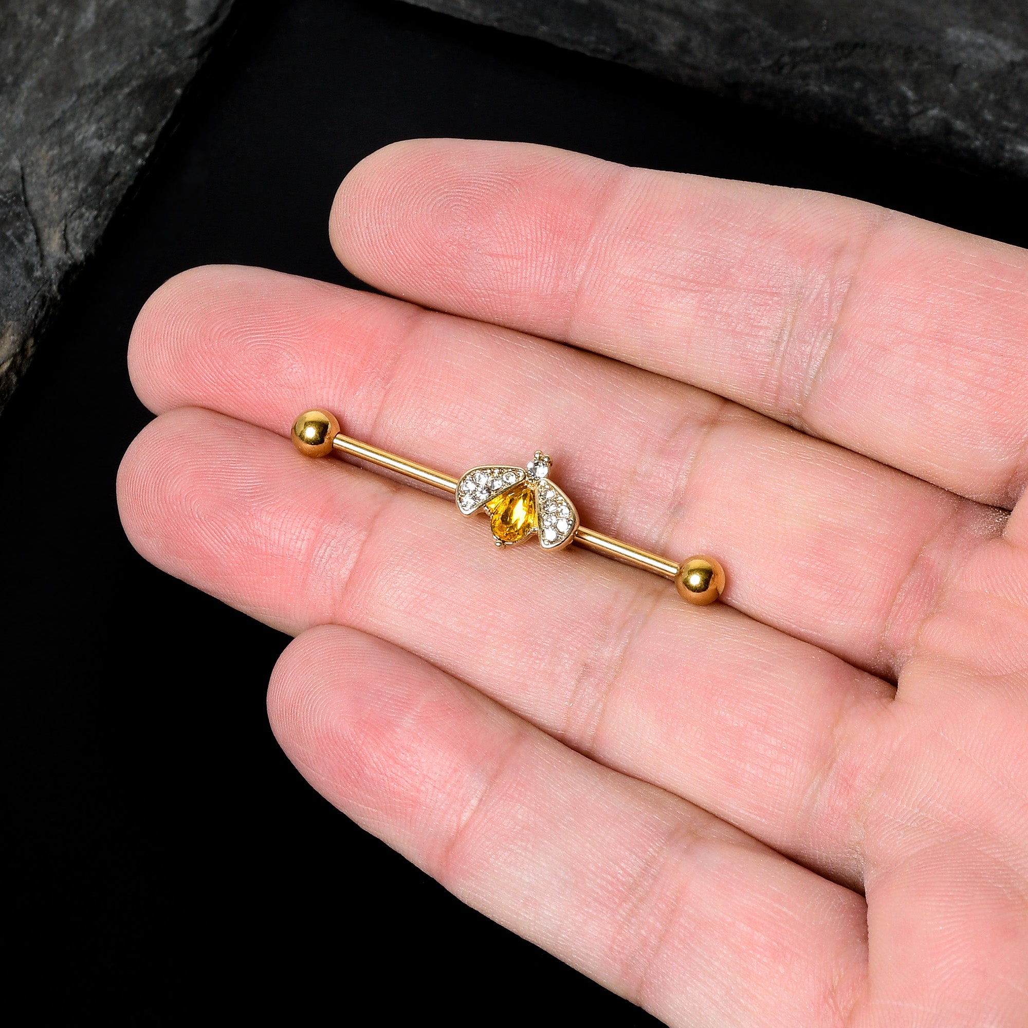 BodyCandy 14G Clear Yellow Gem Gold Tone Style Bug Industrial Barbell 38mm — in-use photo