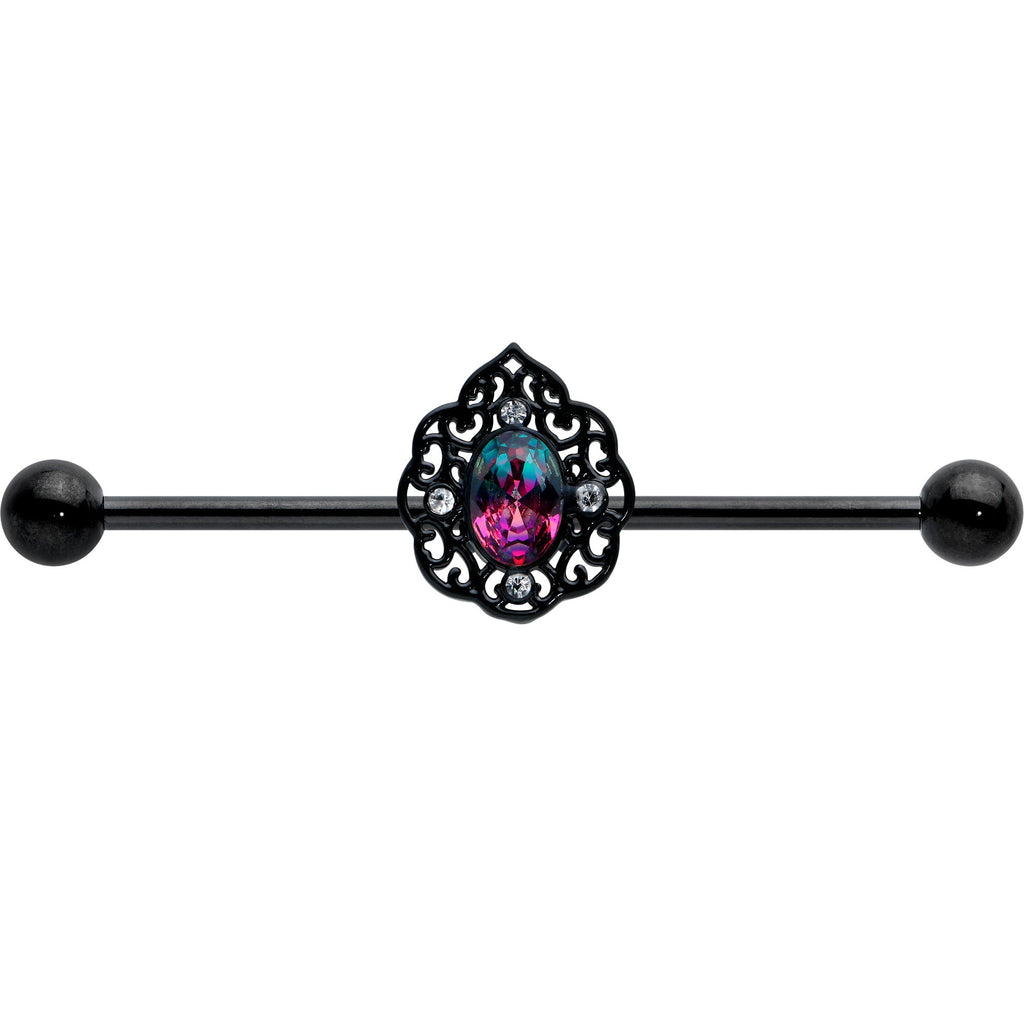 BodyCandy 14G Purple Tourmaline Black Lacy Drop Industrial Barbell 38mm — detail close-up