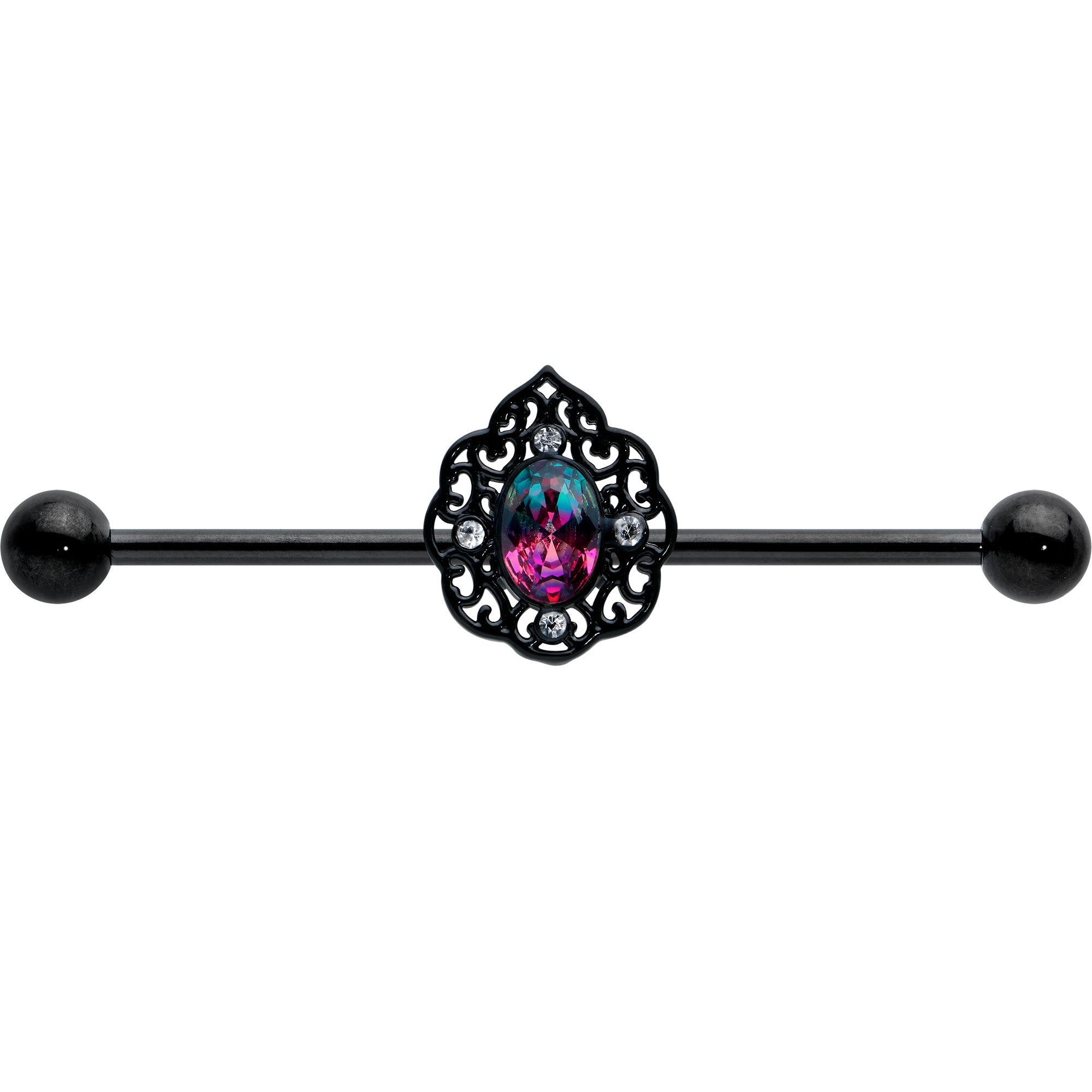 BodyCandy 14G Purple Tourmaline Black Lacy Drop Industrial Barbell 38mm — detail close-up