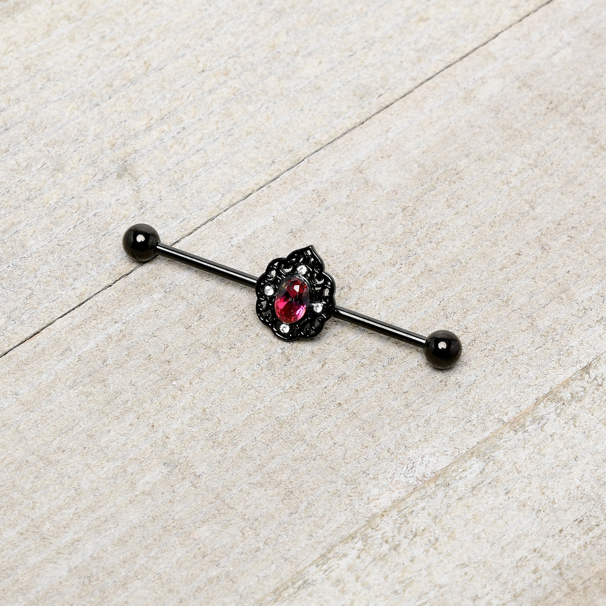 BodyCandy 14G Purple Tourmaline Black Lacy Drop Industrial Barbell 38mm — side view
