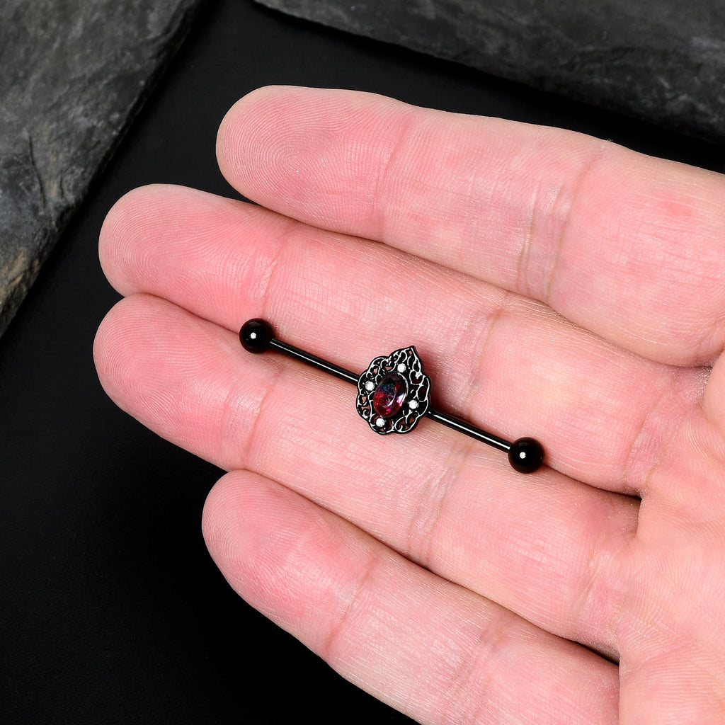 BodyCandy 14G Purple Tourmaline Black Lacy Drop Industrial Barbell 38mm — in-use photo
