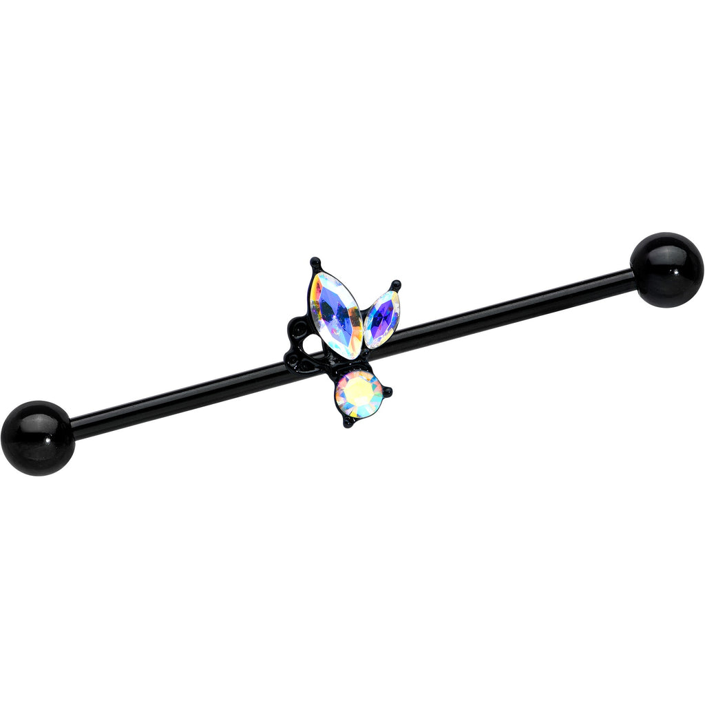 BodyCandy 14G Aurora CZ Gem Black Fleur de Lis Butterfly Industrial Barbell 38mm — main product shot