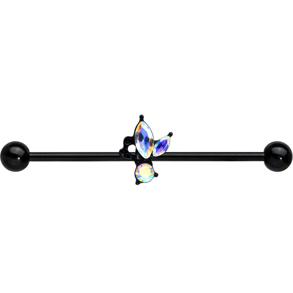 BodyCandy 14G Aurora CZ Gem Black Fleur de Lis Butterfly Industrial Barbell 38mm — detail close-up