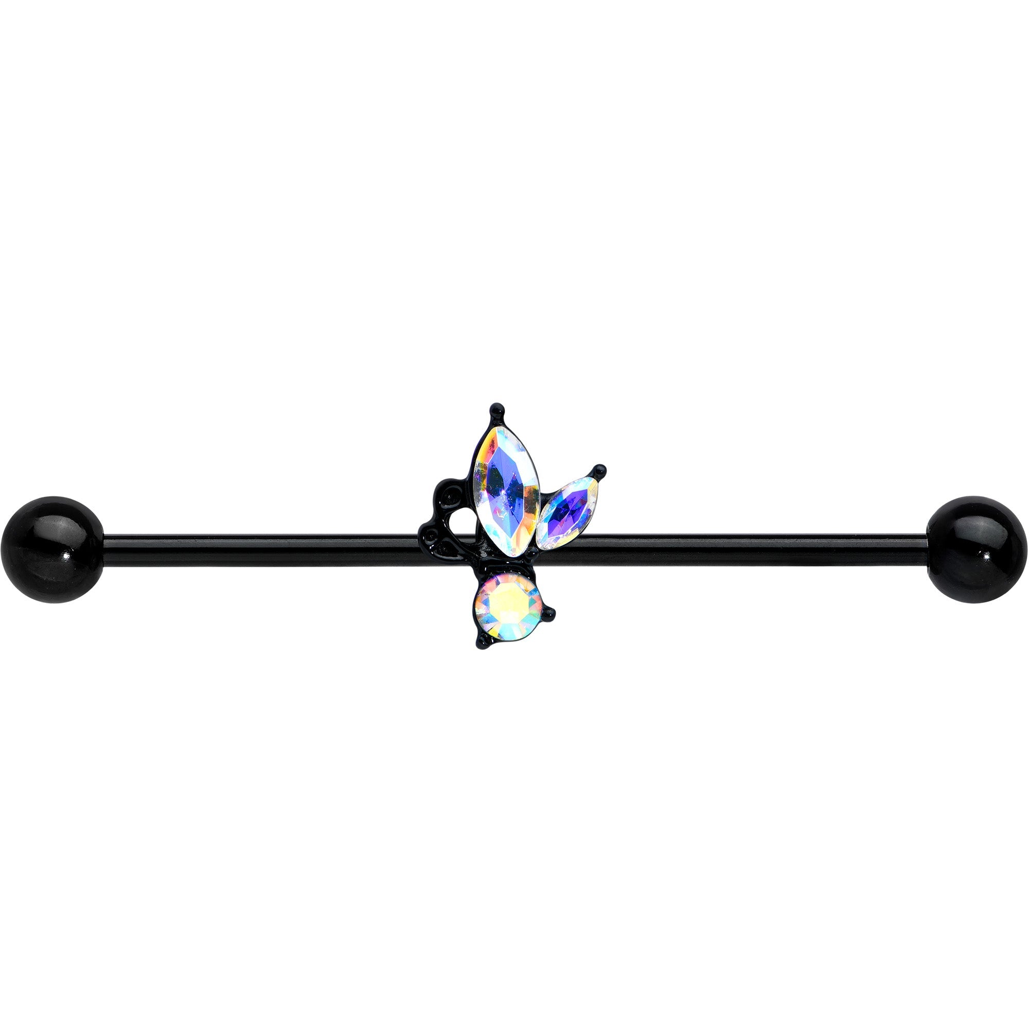 BodyCandy 14G Aurora CZ Gem Black Fleur de Lis Butterfly Industrial Barbell 38mm — detail close-up