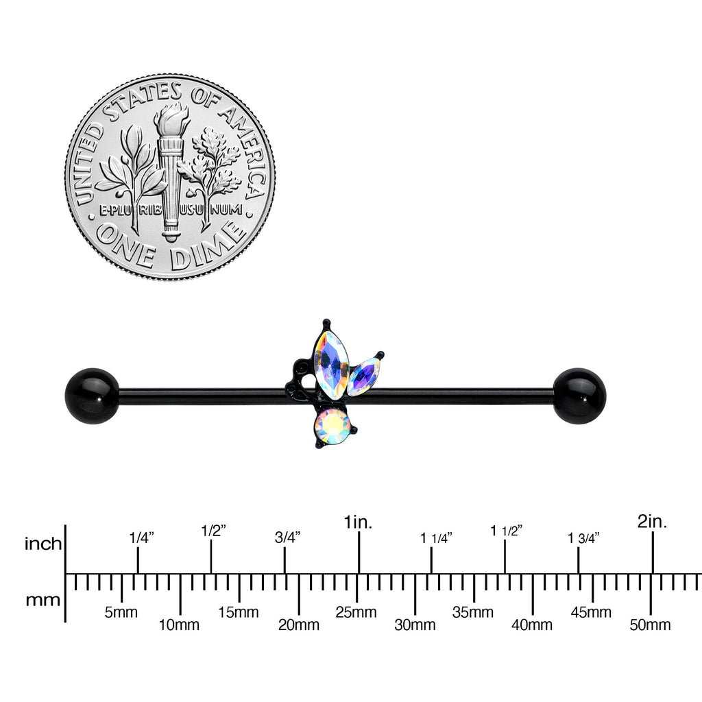 BodyCandy 14G Aurora CZ Gem Black Fleur de Lis Butterfly Industrial Barbell 38mm — lifestyle context