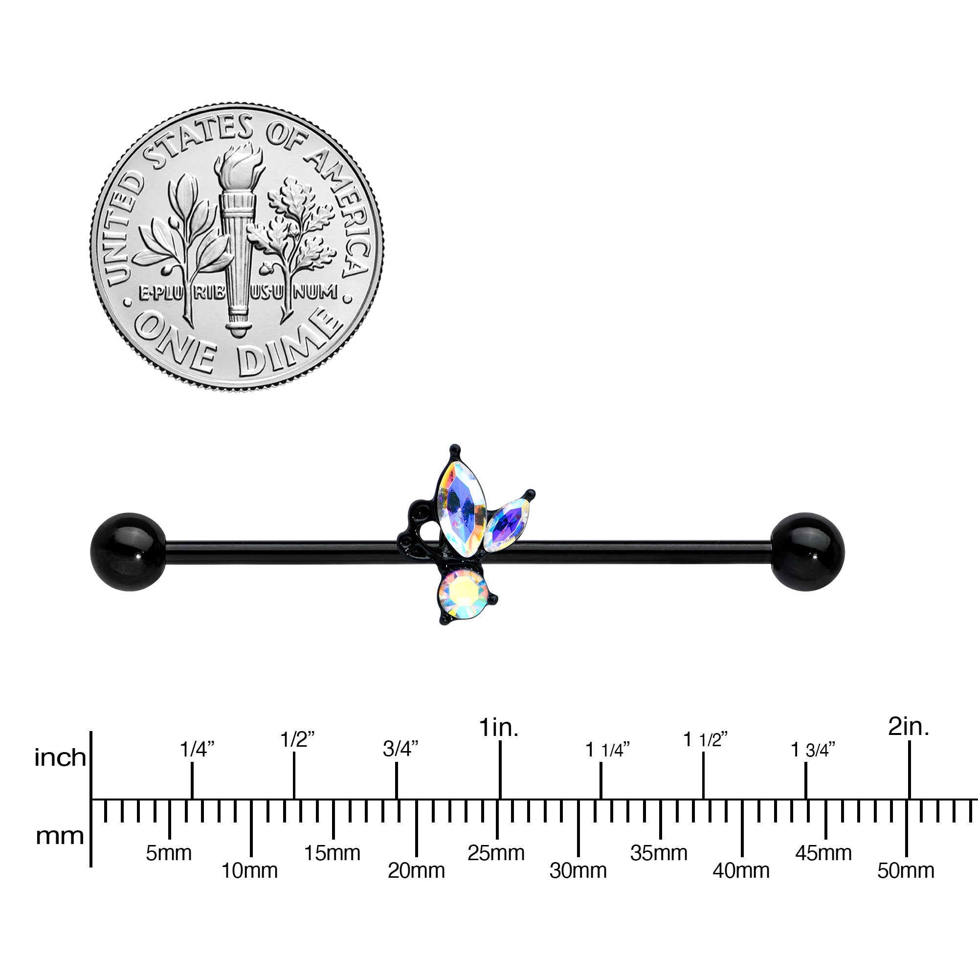 BodyCandy 14G Aurora CZ Gem Black Fleur de Lis Butterfly Industrial Barbell 38mm — lifestyle context