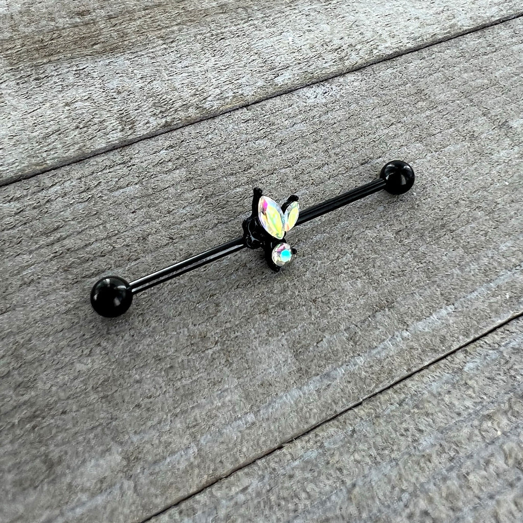 BodyCandy 14G Aurora CZ Gem Black Fleur de Lis Butterfly Industrial Barbell 38mm — side view