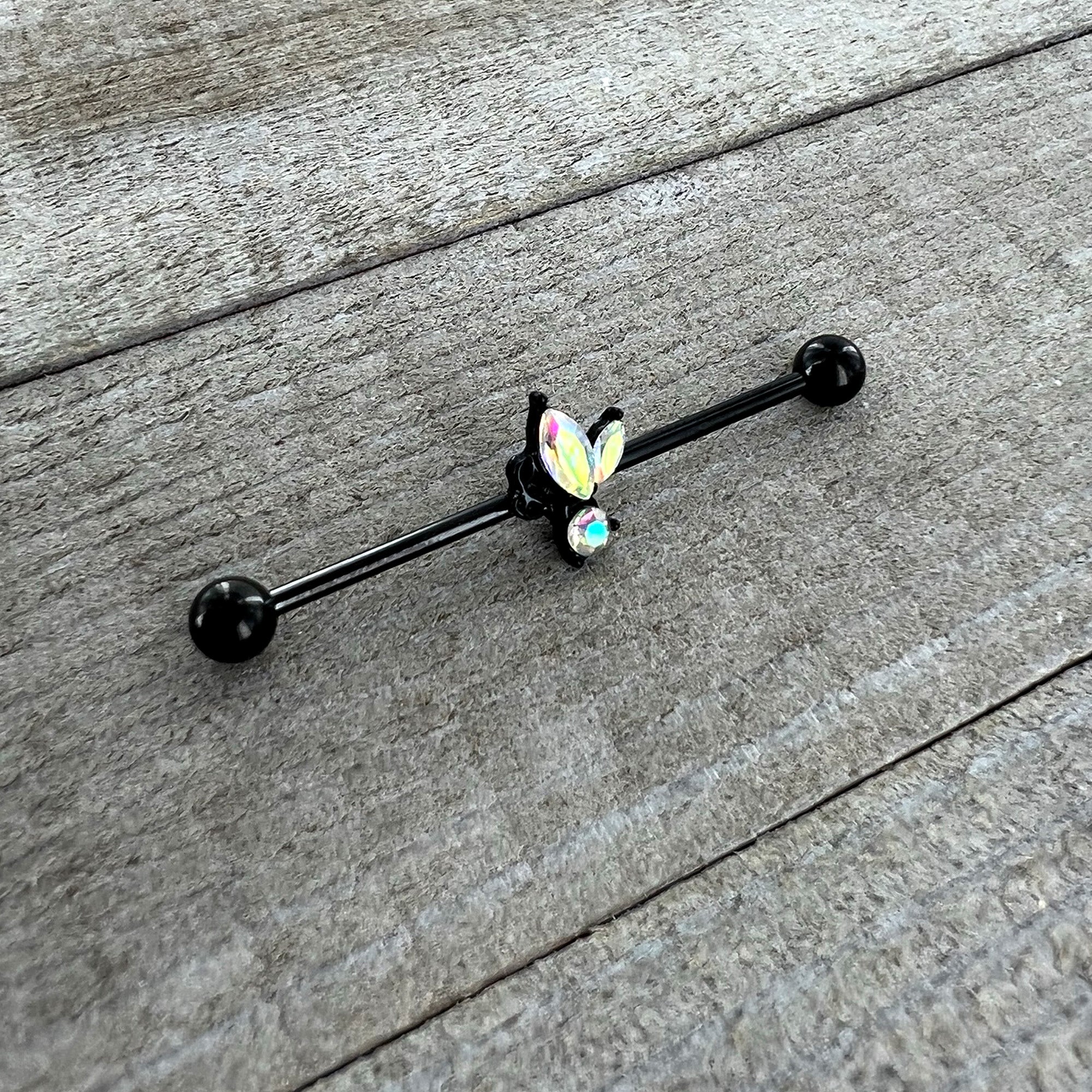 BodyCandy 14G Aurora CZ Gem Black Fleur de Lis Butterfly Industrial Barbell 38mm — side view
