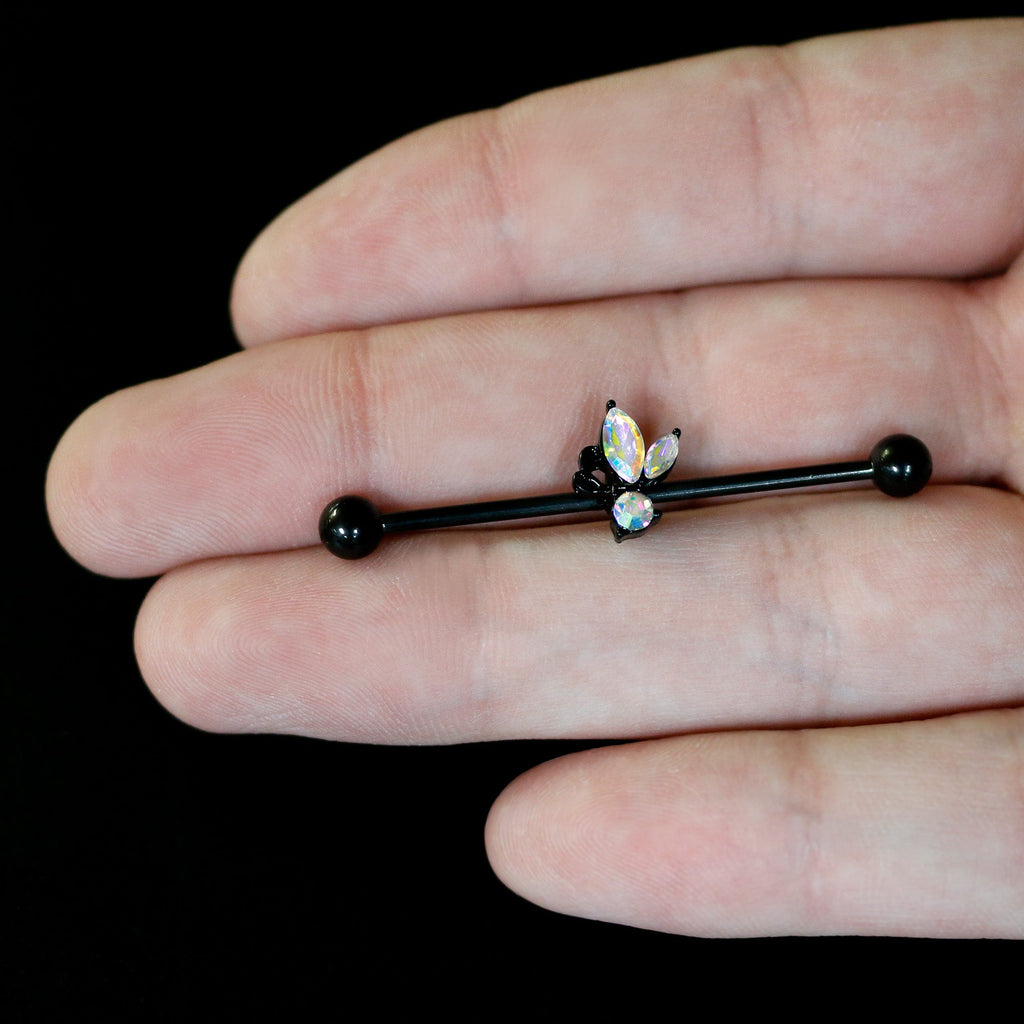 BodyCandy 14G Aurora CZ Gem Black Fleur de Lis Butterfly Industrial Barbell 38mm — back view