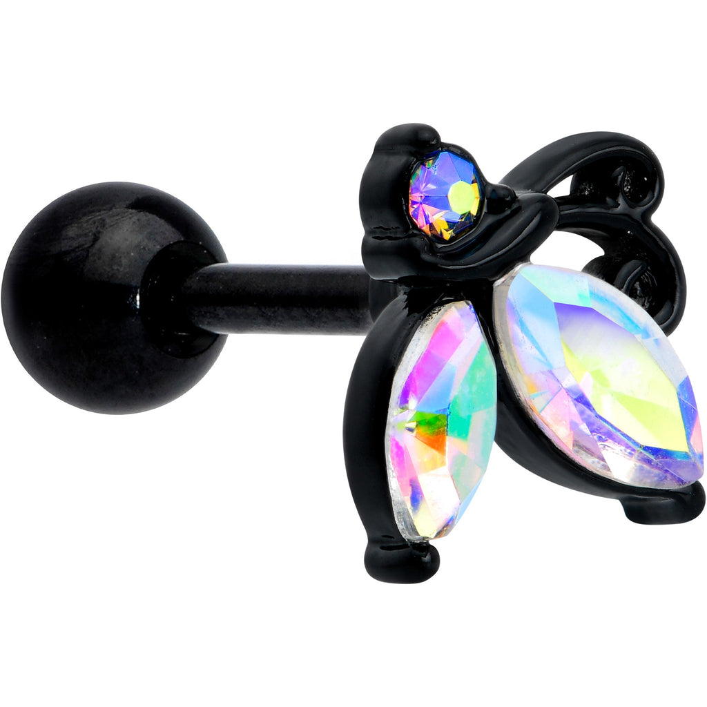 BodyCandy 16G 1/4 Aurora CZ Gem Black Fleur de Lis Butterfly Cartilage Tragus Earring — main product shot