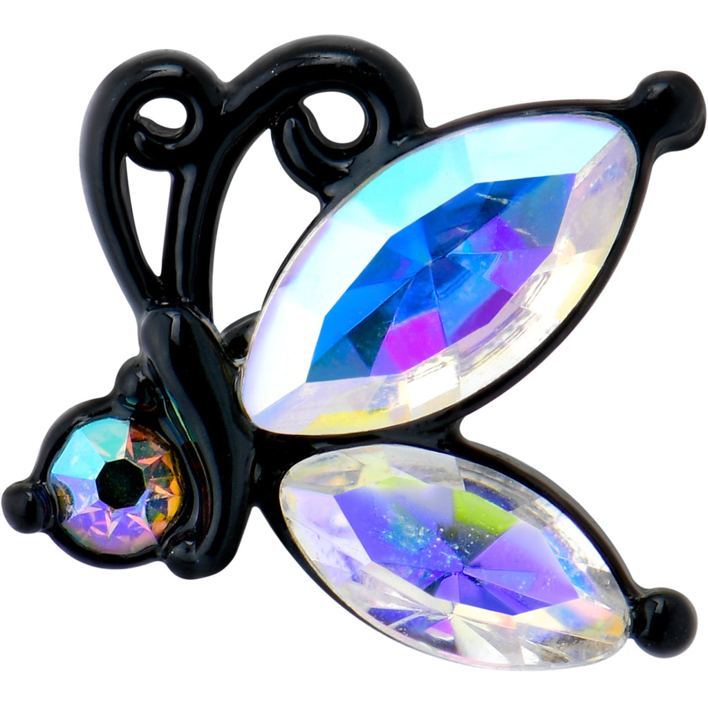BodyCandy 16G 1/4 Aurora CZ Gem Black Fleur de Lis Butterfly Cartilage Tragus Earring — detail close-up