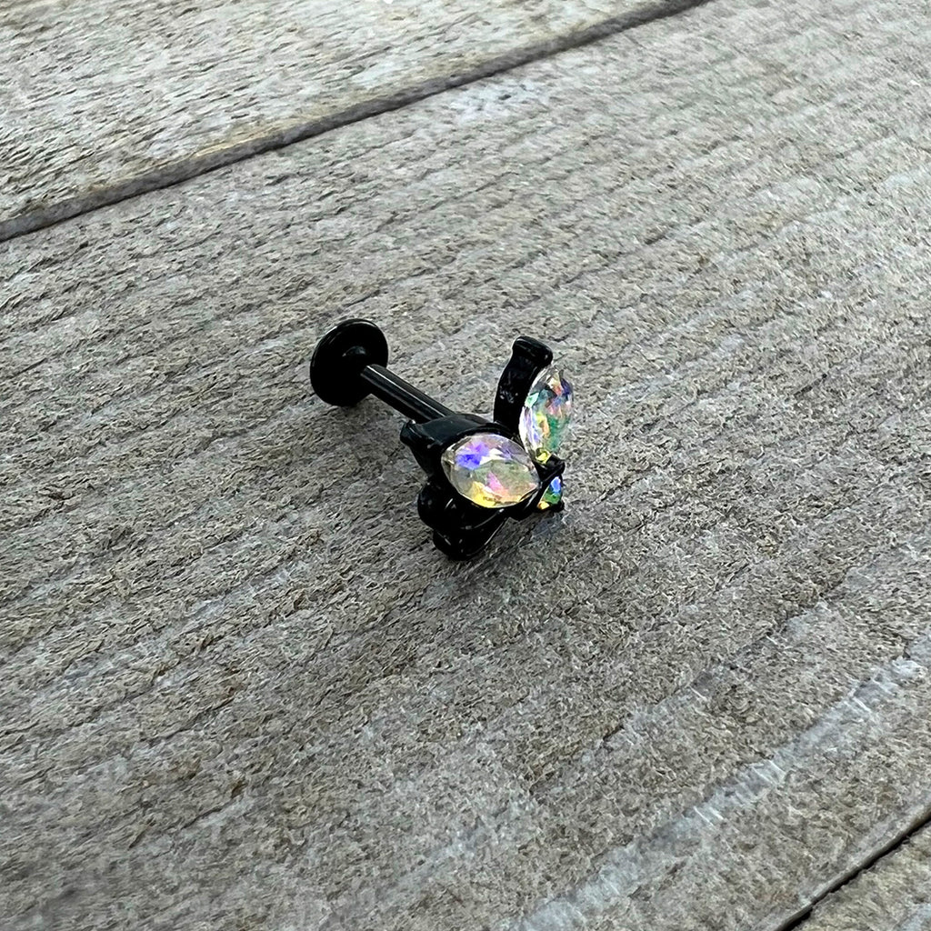 BodyCandy 16G 5/16 Aurora CZ Gem Black Fleur de Lis Butterfly Labret Monroe Tragus — alternative angle