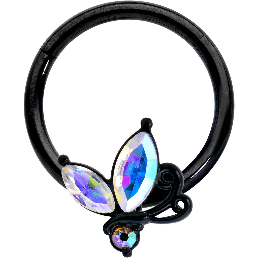 BodyCandy 16G 3/8 Aurora CZ Gem Black Fleur de Lis Butterfly Hinged Segment Ring — main product shot