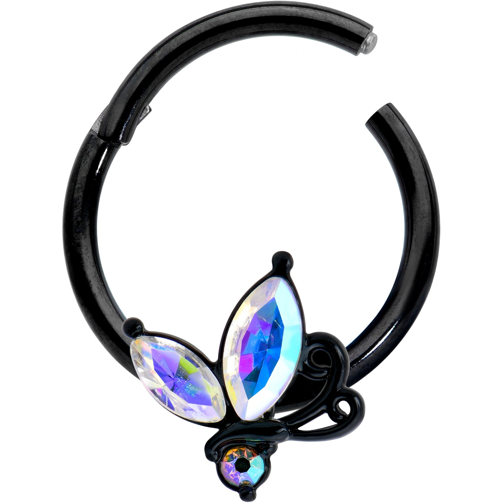 BodyCandy 16G 3/8 Aurora CZ Gem Black Fleur de Lis Butterfly Hinged Segment Ring — detail close-up