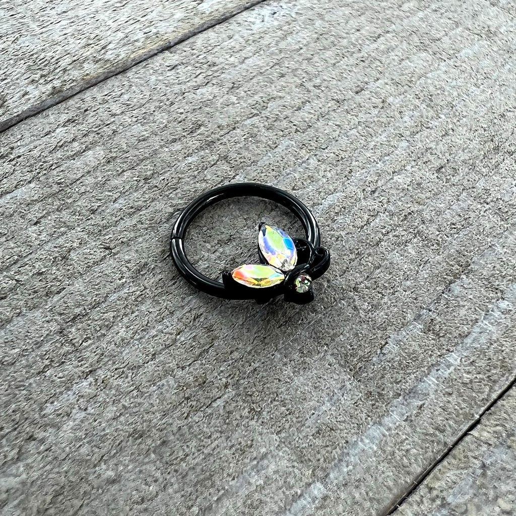 BodyCandy 16G 3/8 Aurora CZ Gem Black Fleur de Lis Butterfly Hinged Segment Ring — side view