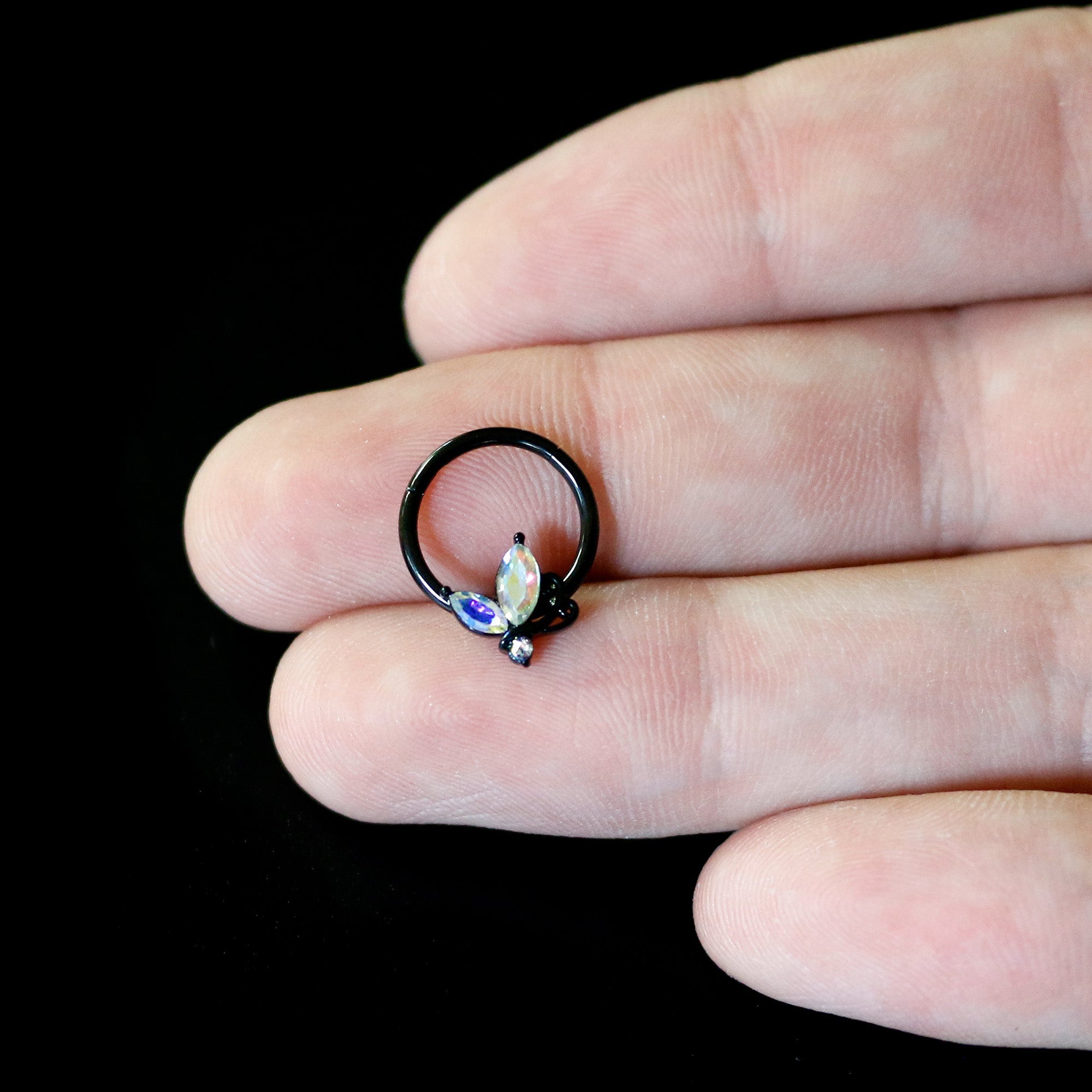 BodyCandy 16G 3/8 Aurora CZ Gem Black Fleur de Lis Butterfly Hinged Segment Ring — back view
