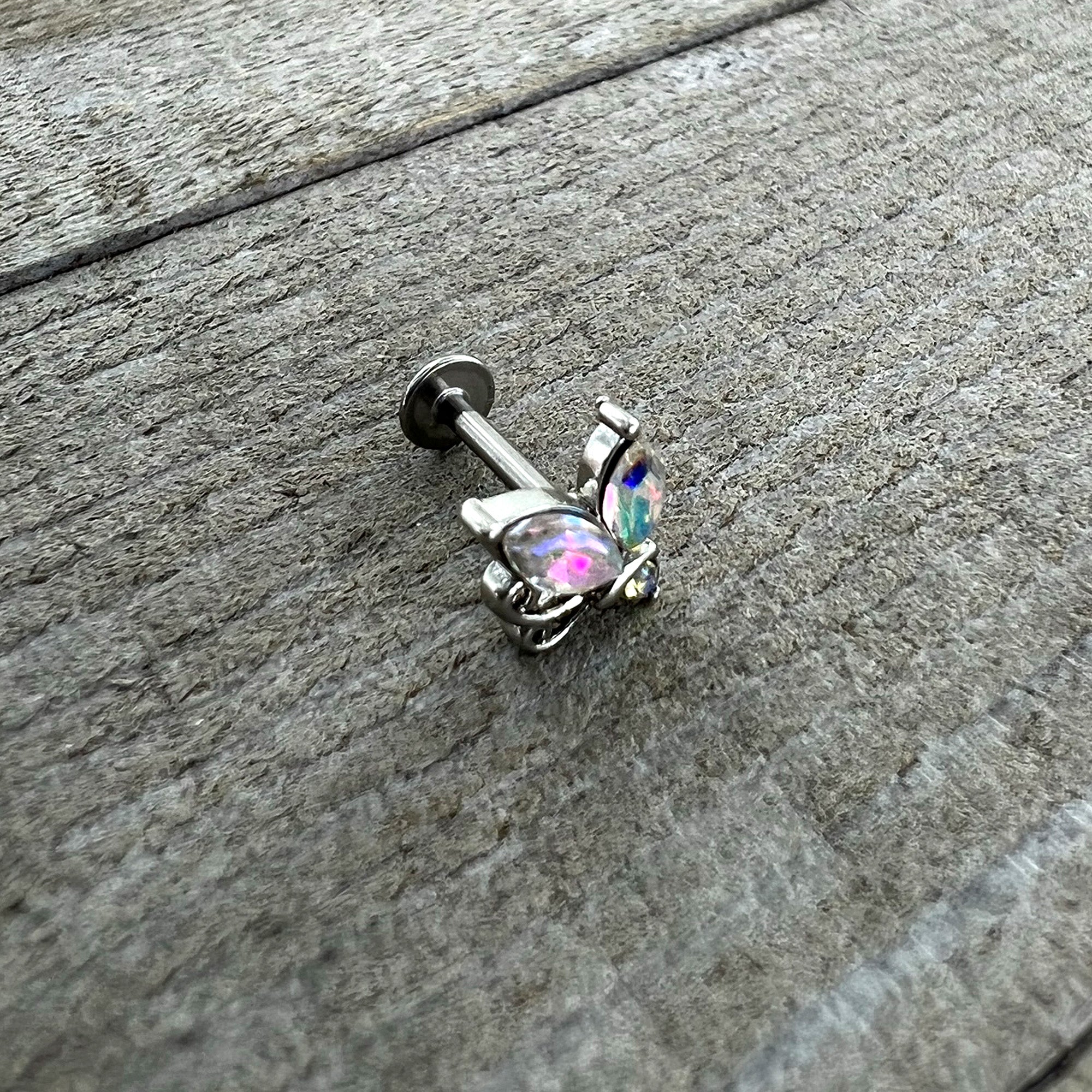 BodyCandy 16G 5/16 Aurora CZ Gem Fleur de Lis Butterfly Labret Monroe Tragus — alternative angle