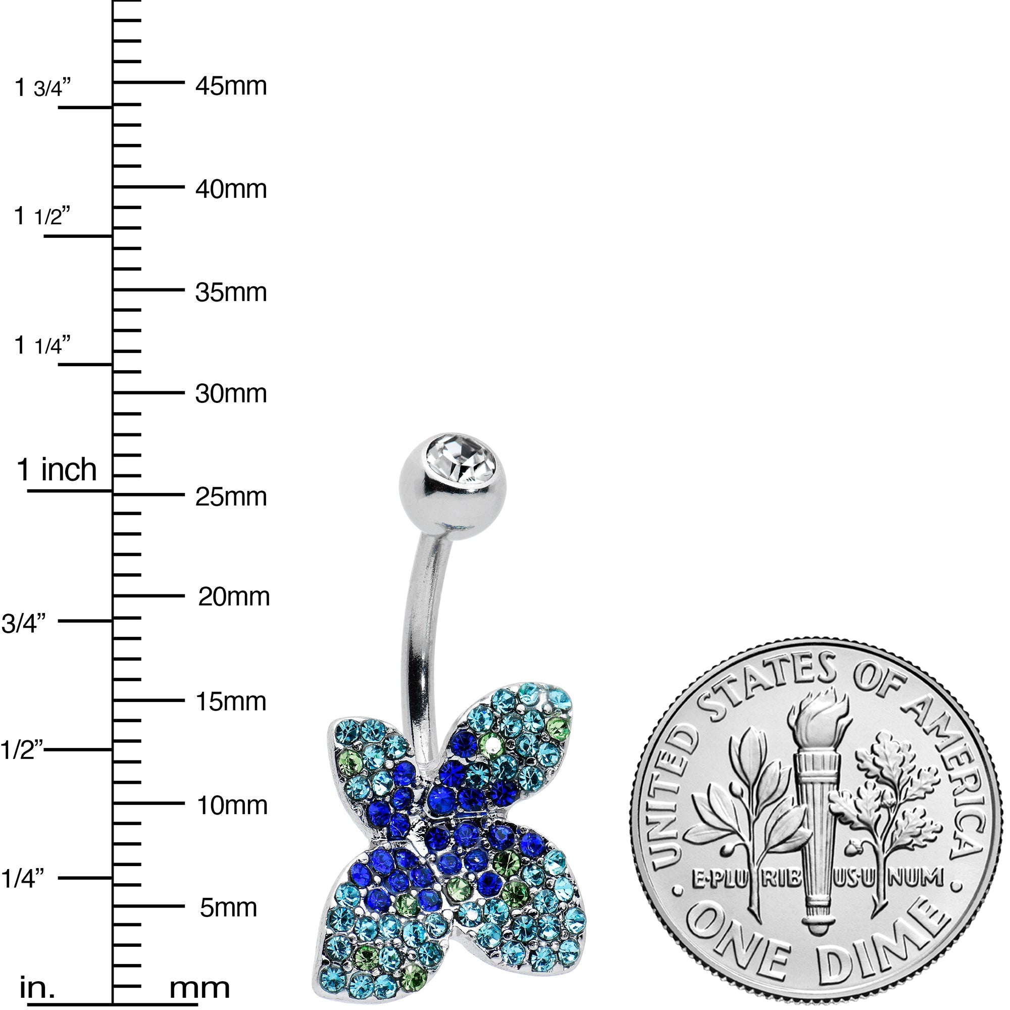 BodyCandy Clear Blue Green Gem Glamour Butterfly Belly Ring — detail close-up