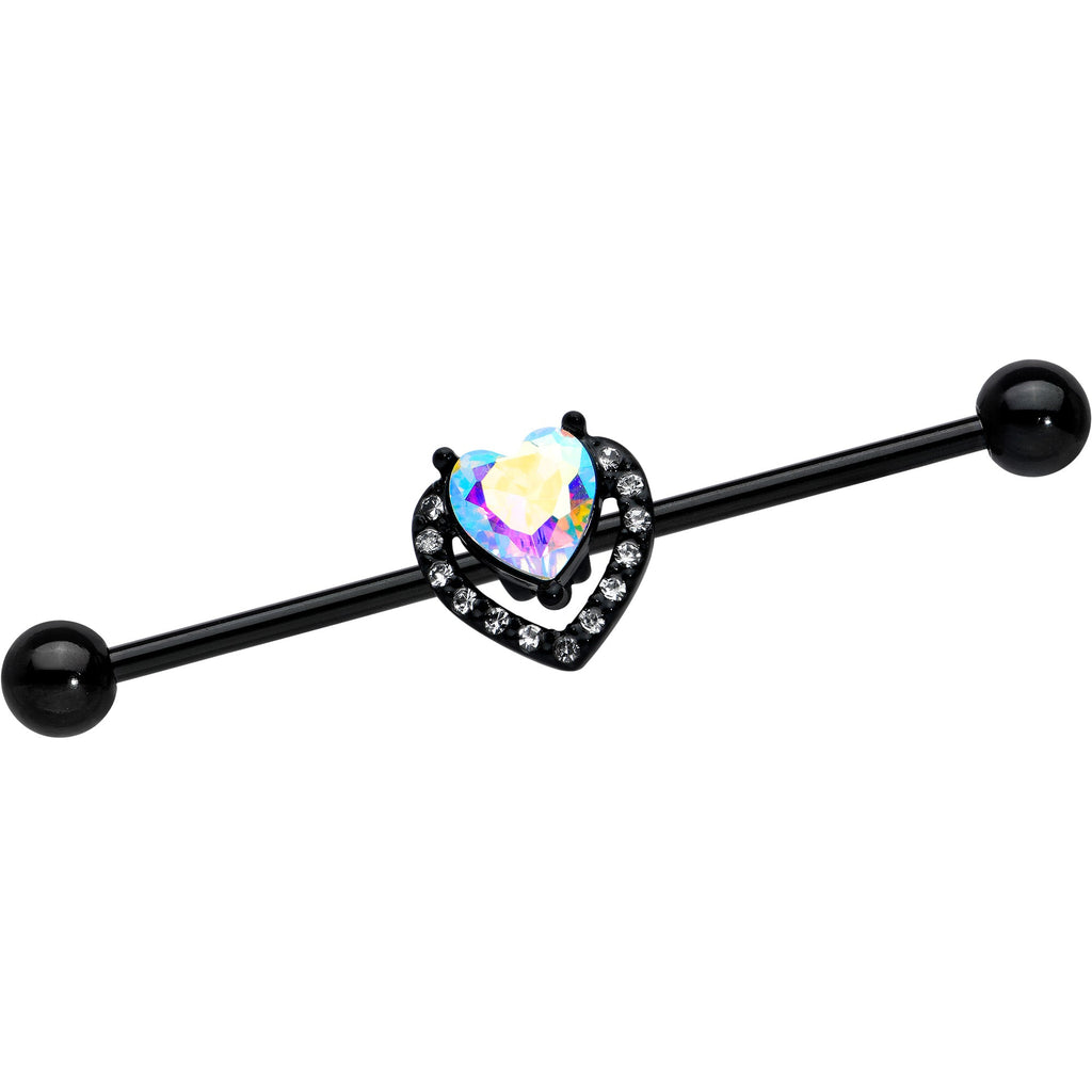 BodyCandy 14G Aurora Clear Gem Black Rococo Heart Industrial Barbell 38mm — main product shot