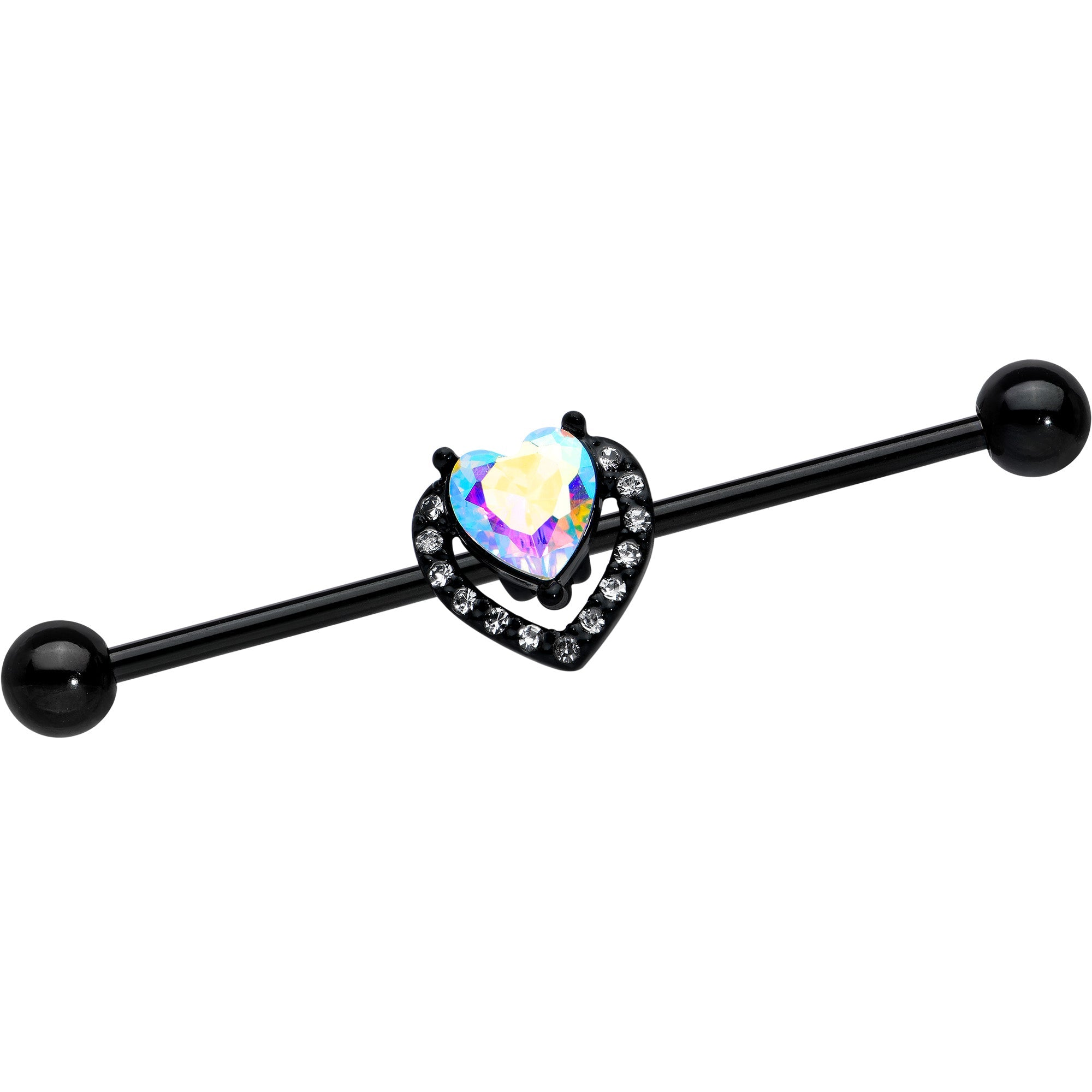 BodyCandy 14G Aurora Clear Gem Black Rococo Heart Industrial Barbell 38mm — main product shot