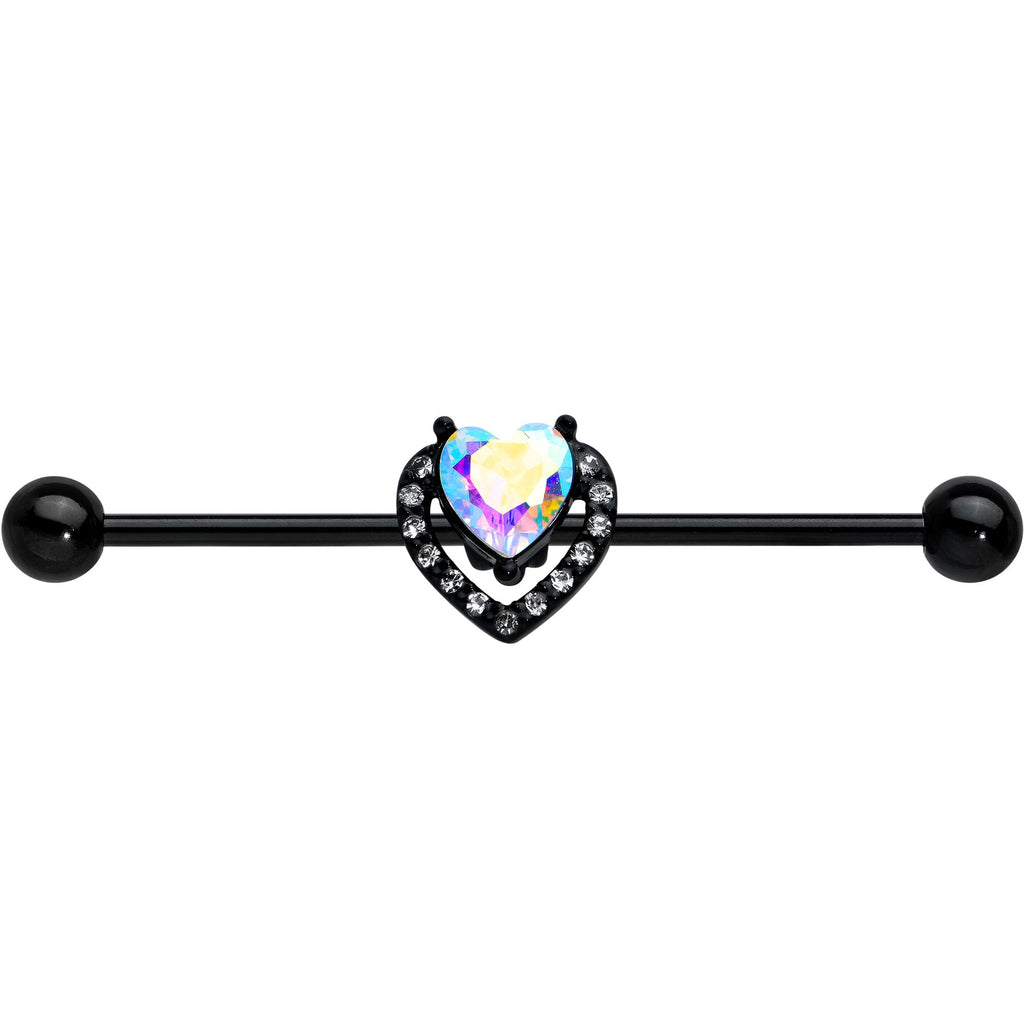 BodyCandy 14G Aurora Clear Gem Black Rococo Heart Industrial Barbell 38mm — detail close-up