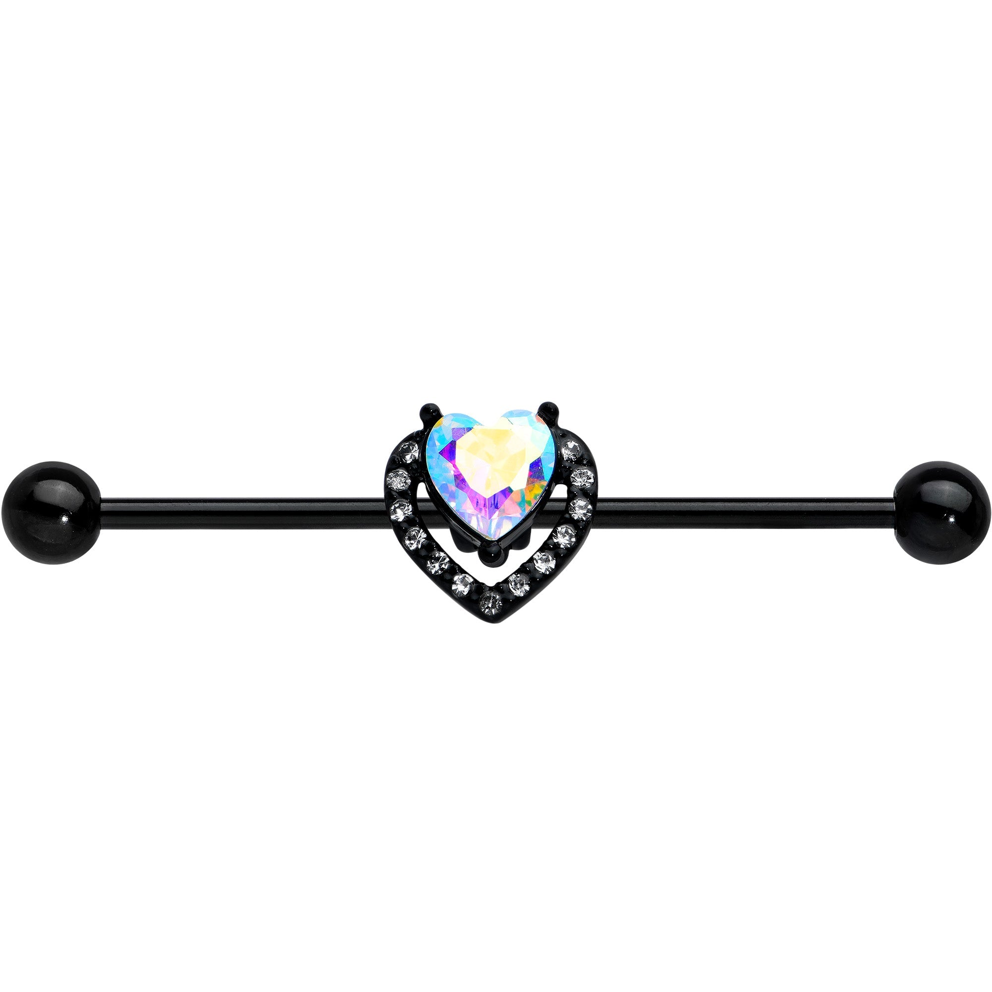 BodyCandy 14G Aurora Clear Gem Black Rococo Heart Industrial Barbell 38mm — detail close-up