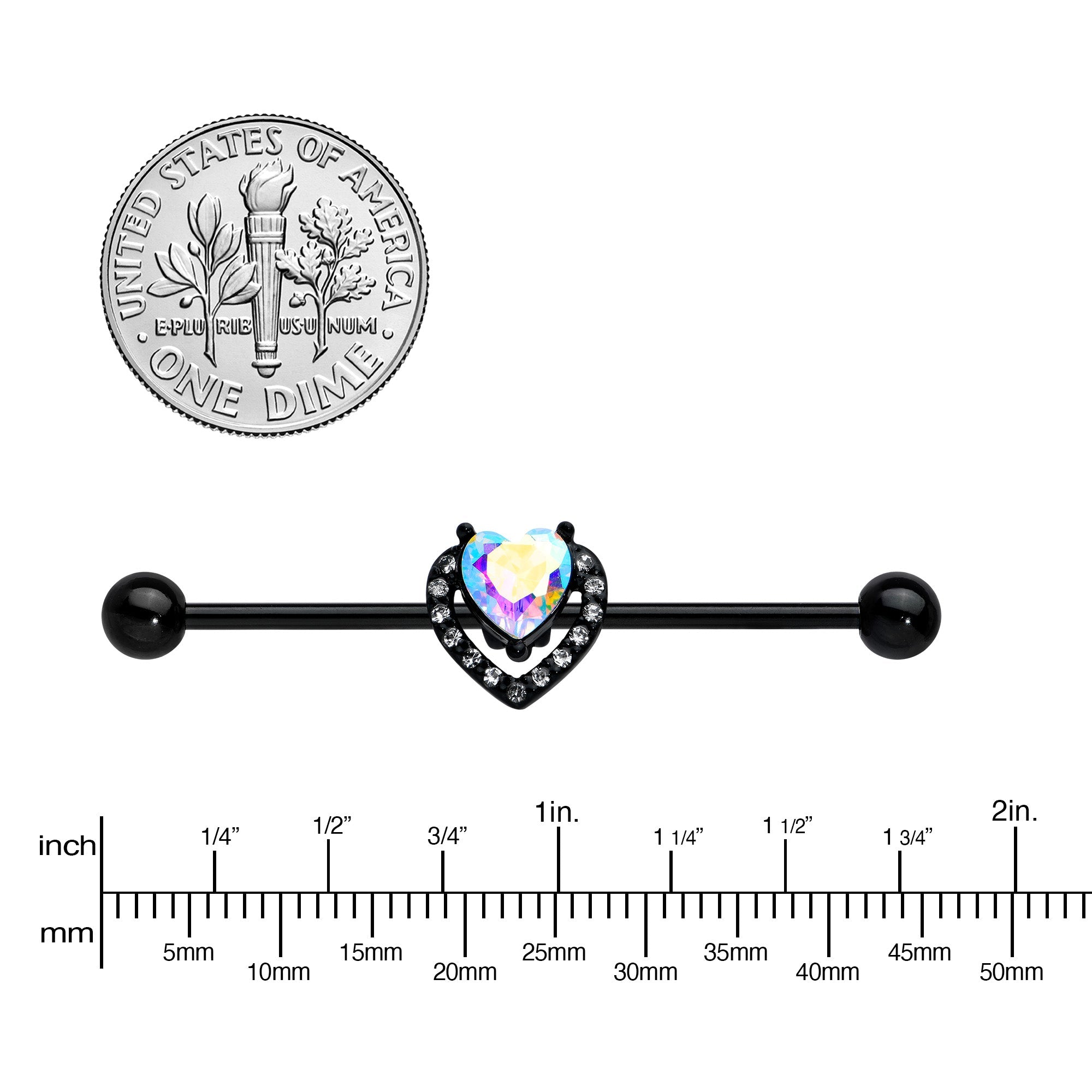 BodyCandy 14G Aurora Clear Gem Black Rococo Heart Industrial Barbell 38mm — lifestyle context