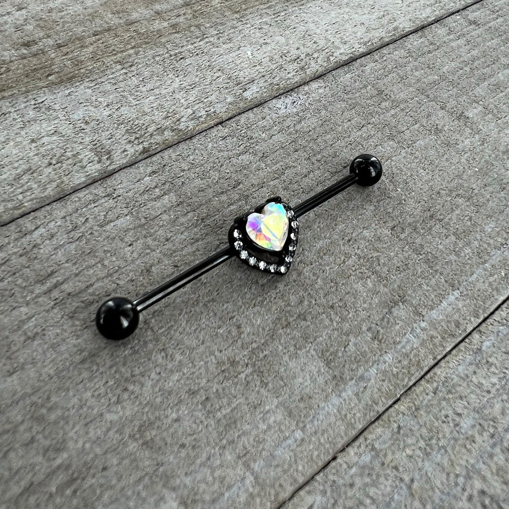 BodyCandy 14G Aurora Clear Gem Black Rococo Heart Industrial Barbell 38mm — side view