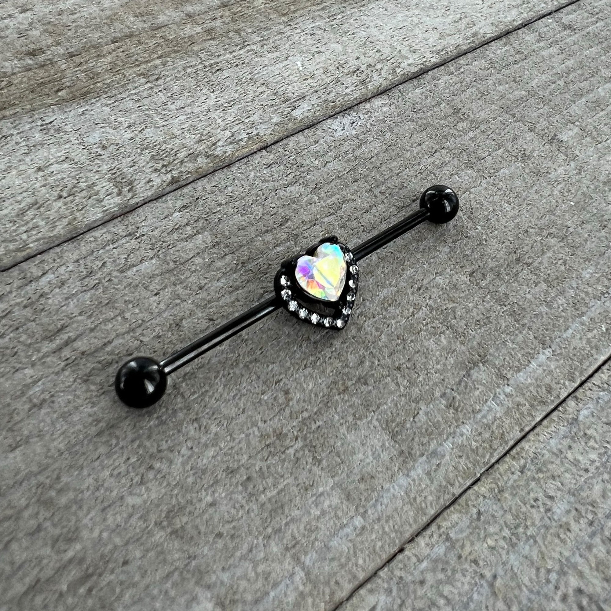 BodyCandy 14G Aurora Clear Gem Black Rococo Heart Industrial Barbell 38mm — side view