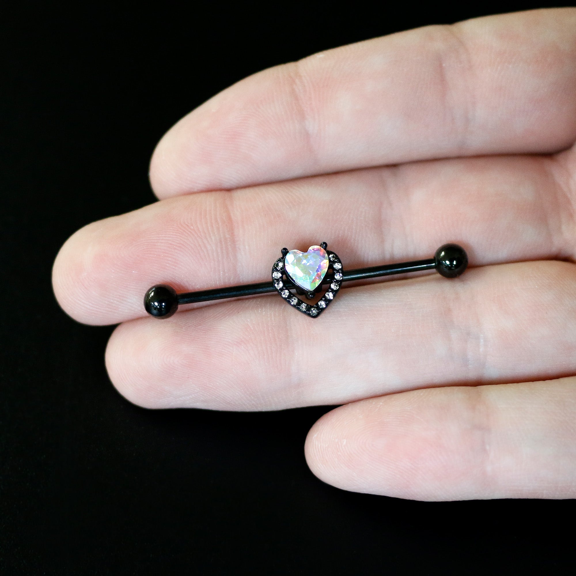 BodyCandy 14G Aurora Clear Gem Black Rococo Heart Industrial Barbell 38mm — back view