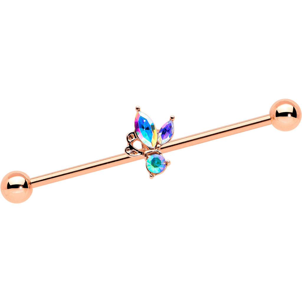 BodyCandy 14G Aurora CZ Gem Rosy Tone Fleur de Lis Butterfly Industrial Barbell 38mm — main product shot