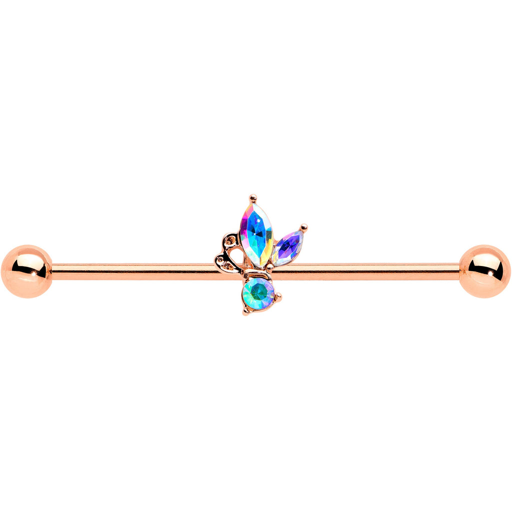 BodyCandy 14G Aurora CZ Gem Rosy Tone Fleur de Lis Butterfly Industrial Barbell 38mm — detail close-up