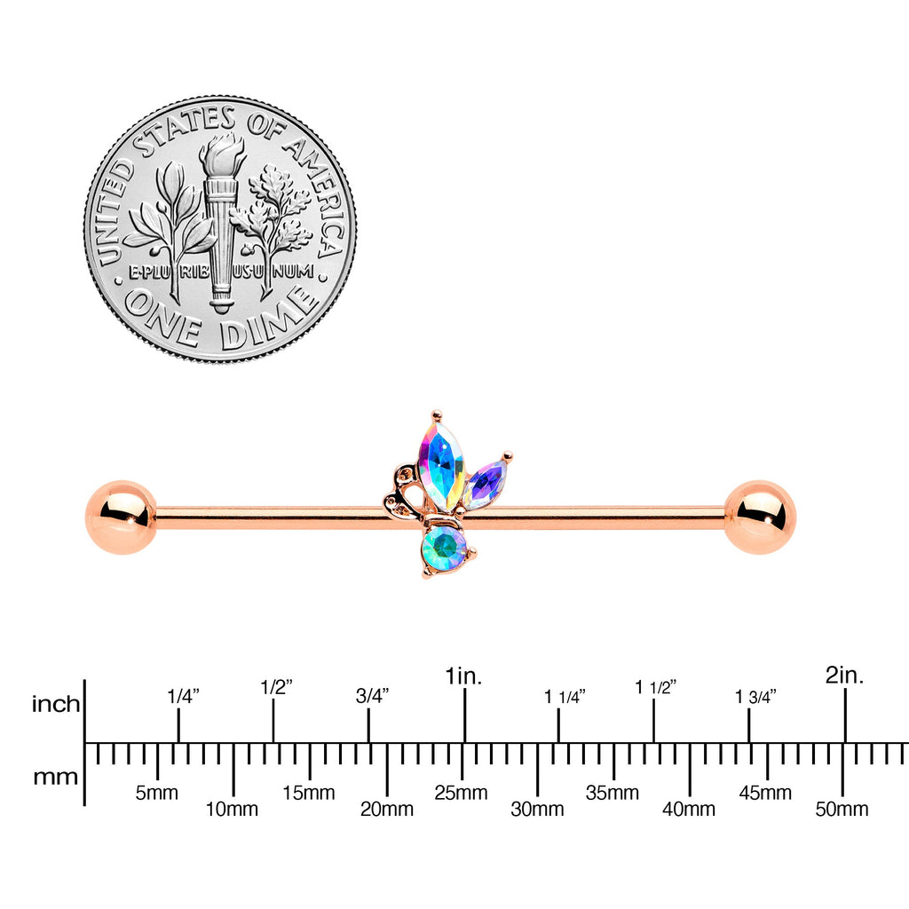 BodyCandy 14G Aurora CZ Gem Rosy Tone Fleur de Lis Butterfly Industrial Barbell 38mm — lifestyle context