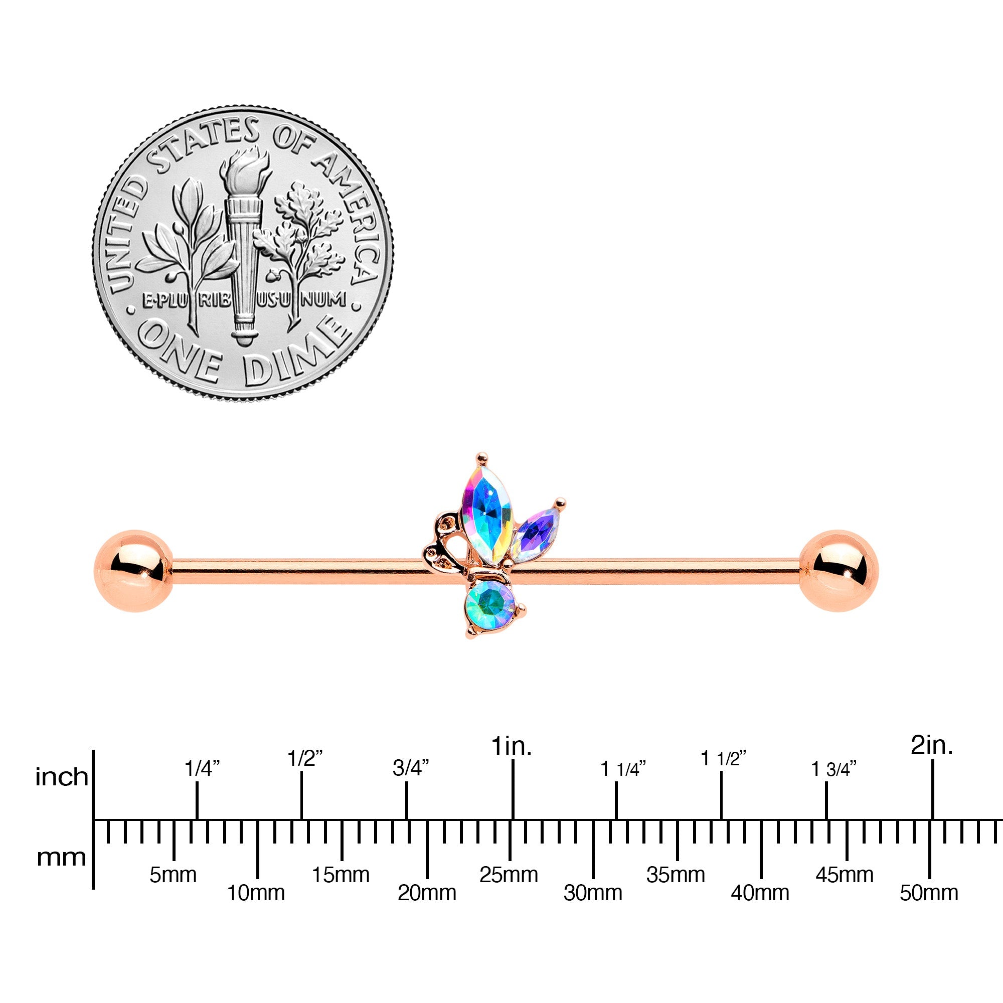 BodyCandy 14G Aurora CZ Gem Rosy Tone Fleur de Lis Butterfly Industrial Barbell 38mm — lifestyle context