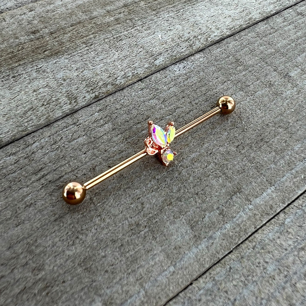 BodyCandy 14G Aurora CZ Gem Rosy Tone Fleur de Lis Butterfly Industrial Barbell 38mm — side view