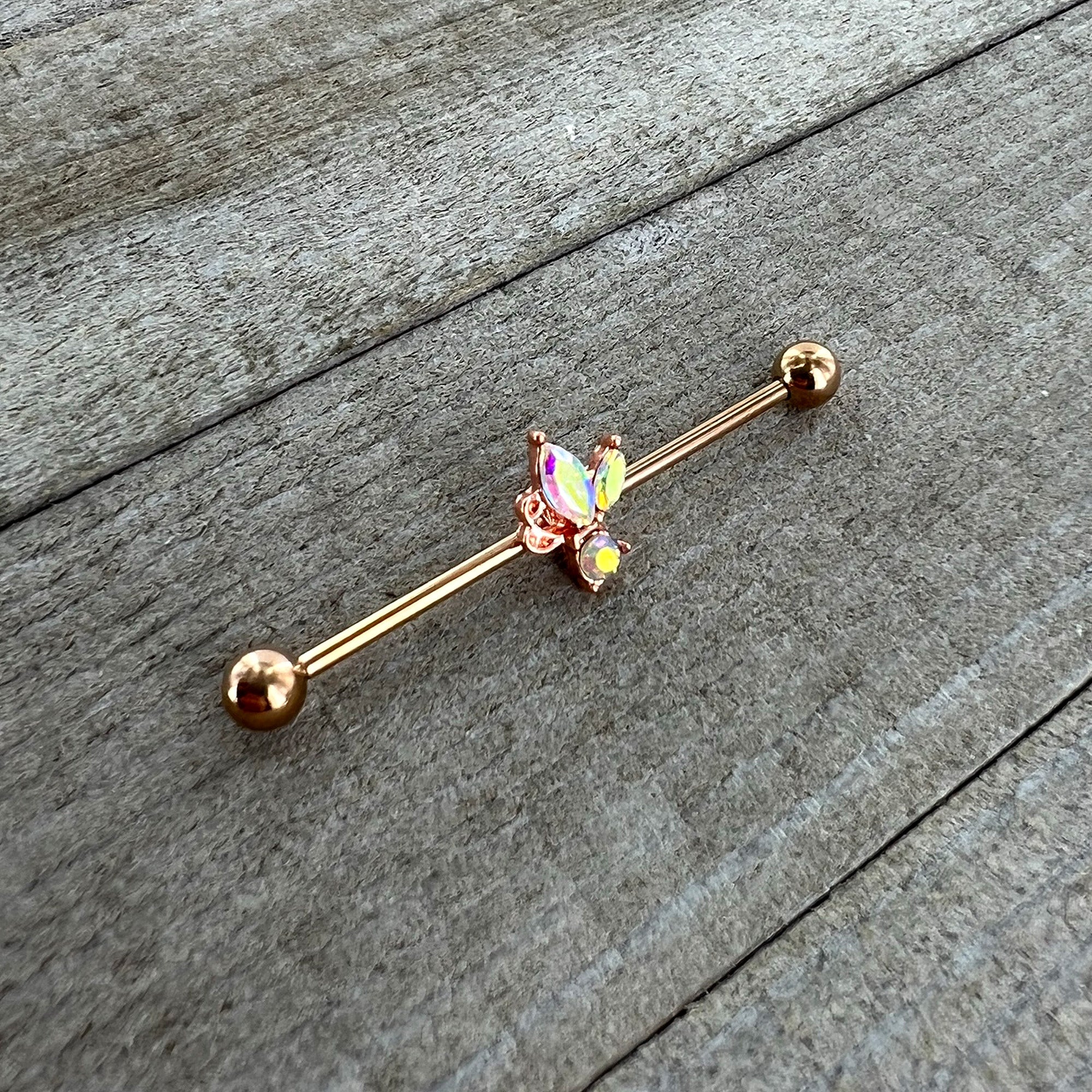 BodyCandy 14G Aurora CZ Gem Rosy Tone Fleur de Lis Butterfly Industrial Barbell 38mm — side view
