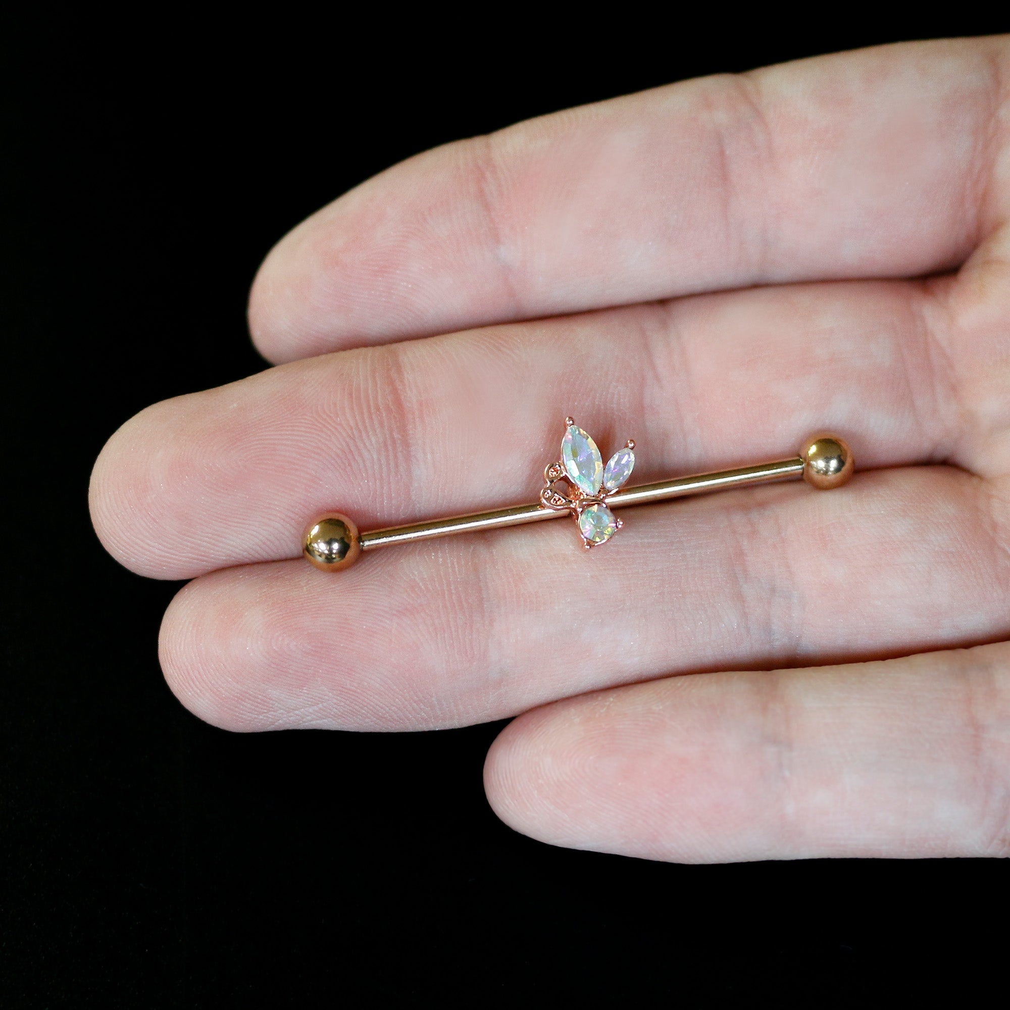 BodyCandy 14G Aurora CZ Gem Rosy Tone Fleur de Lis Butterfly Industrial Barbell 38mm — back view