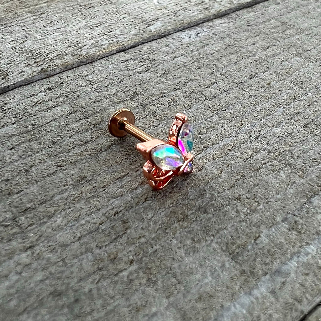 BodyCandy 16G 5/16 Aurora CZ Gem Rosy Tone Fleur de Lis Butterfly Labret Monroe Tragus — alternative angle