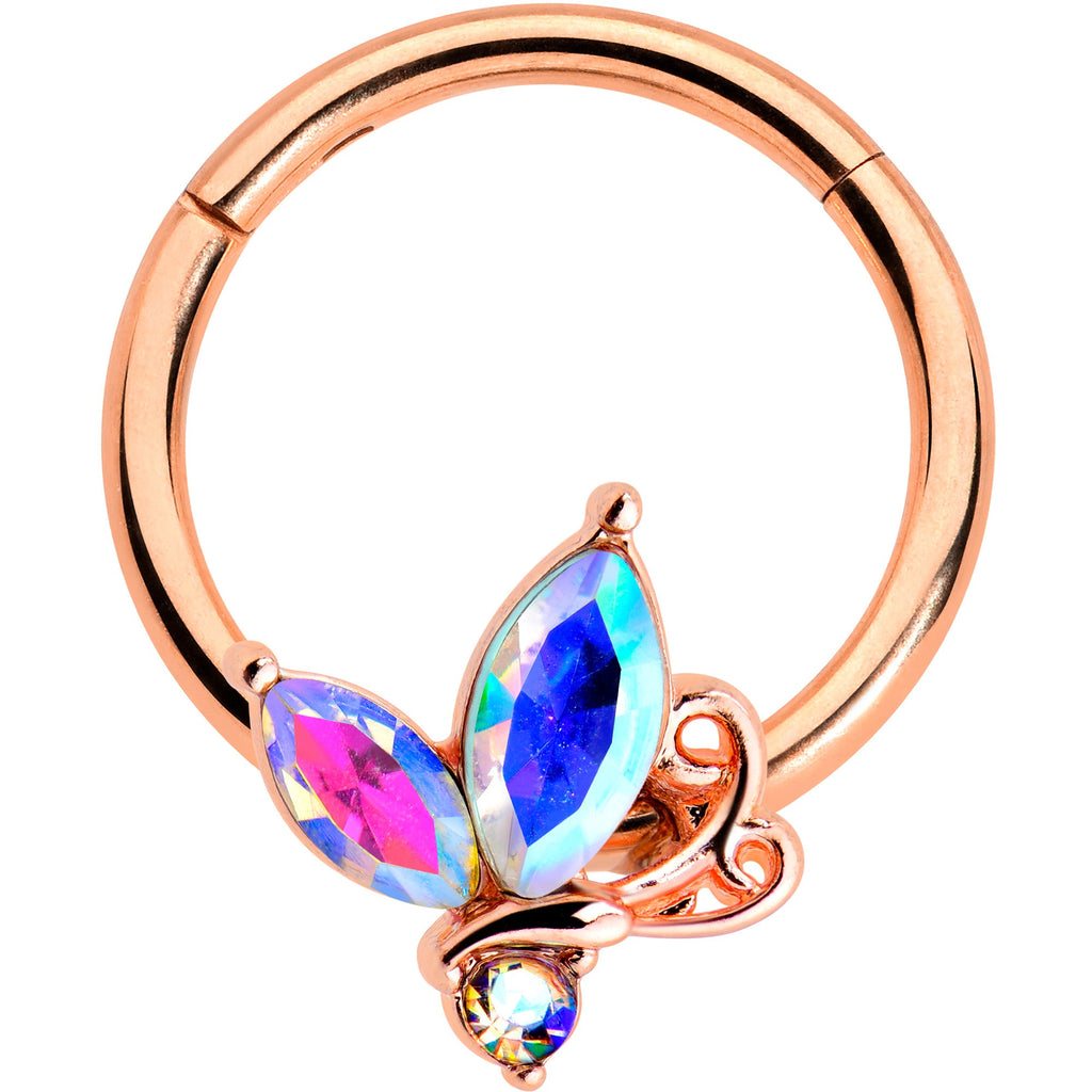 BodyCandy 16G 3/8 Aurora CZ Gem Rosy Tone Fleur de Lis Butterfly Hinged Segment Ring — main product shot