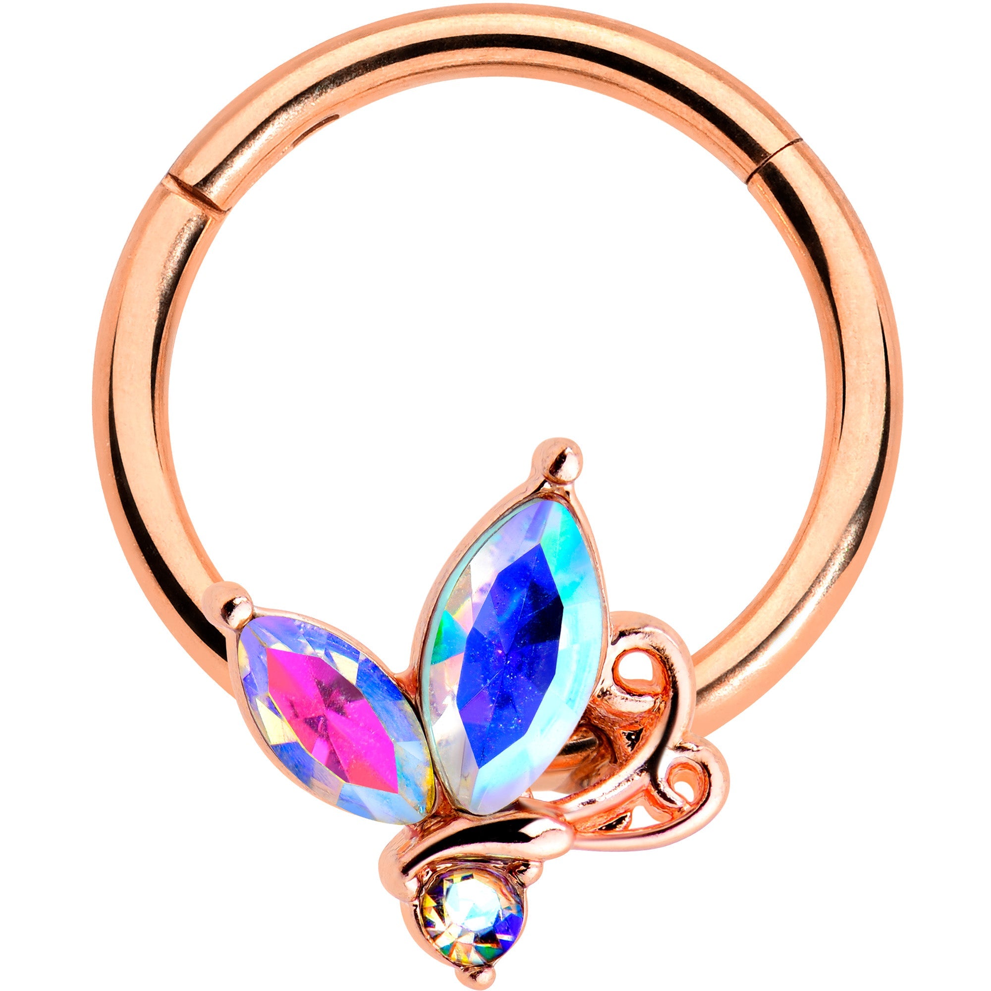 BodyCandy 16G 3/8 Aurora CZ Gem Rosy Tone Fleur de Lis Butterfly Hinged Segment Ring — main product shot