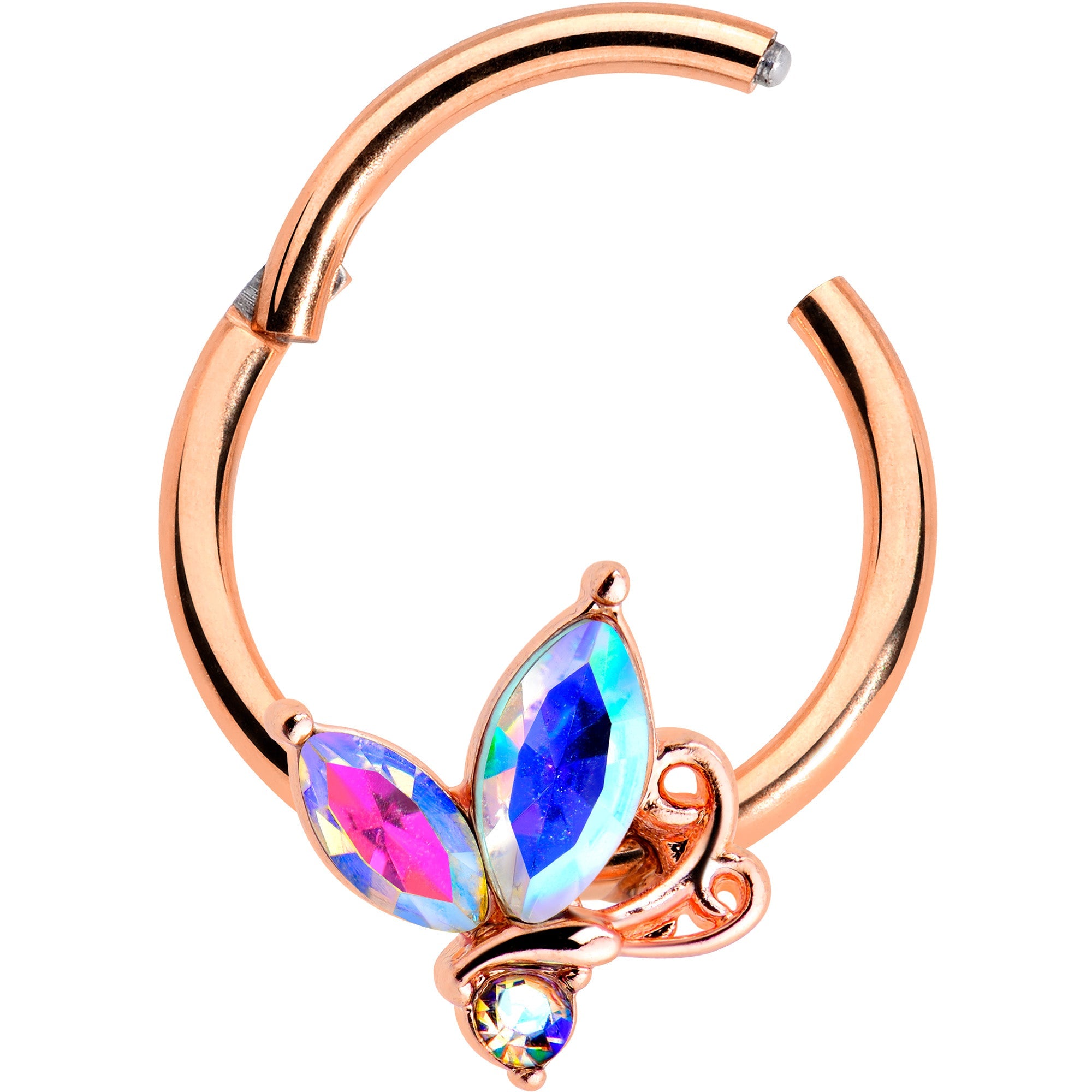BodyCandy 16G 3/8 Aurora CZ Gem Rosy Tone Fleur de Lis Butterfly Hinged Segment Ring — detail close-up