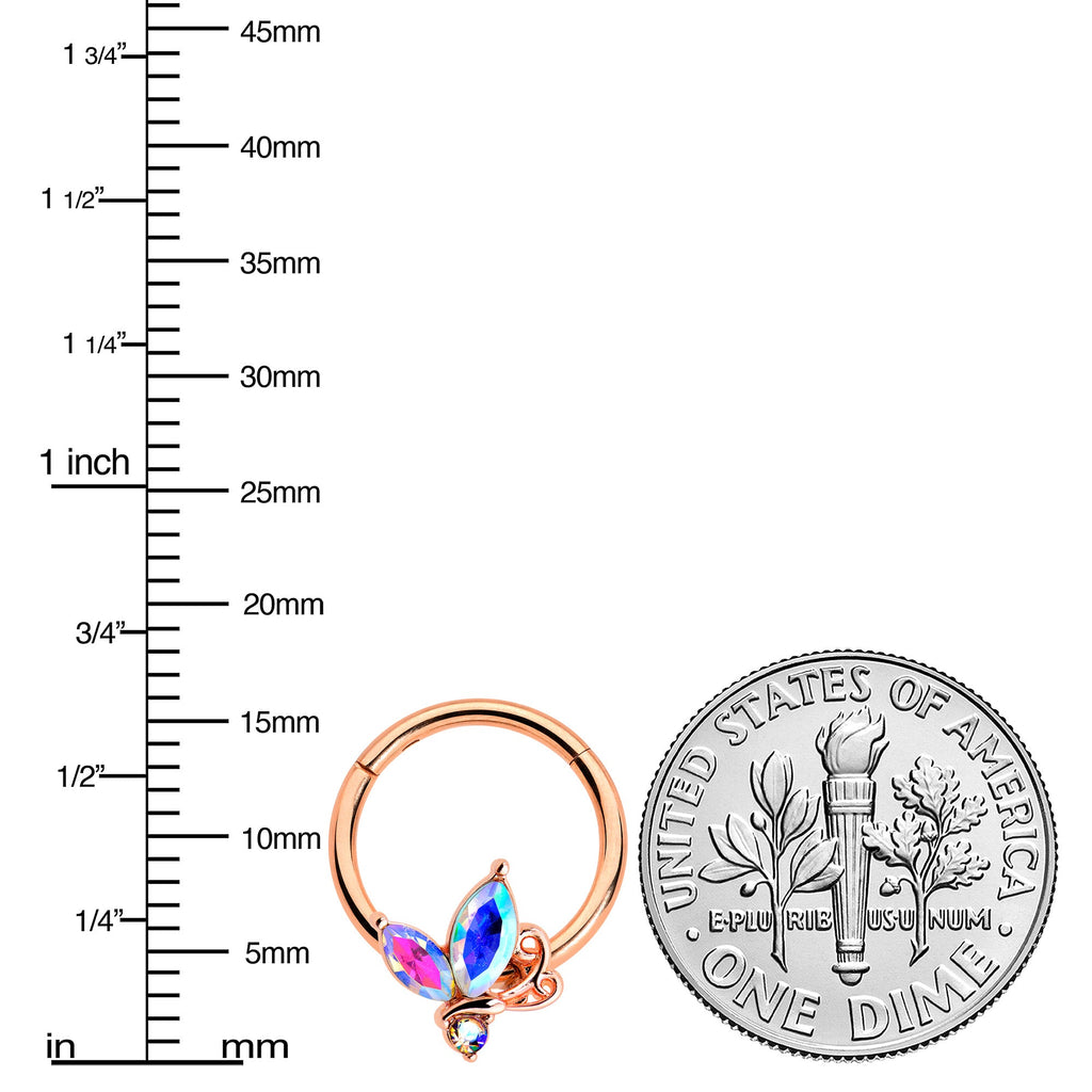 BodyCandy 16G 3/8 Aurora CZ Gem Rosy Tone Fleur de Lis Butterfly Hinged Segment Ring — lifestyle context