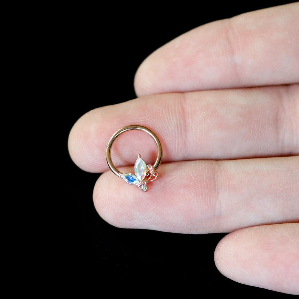 BodyCandy 16G 3/8 Aurora CZ Gem Rosy Tone Fleur de Lis Butterfly Hinged Segment Ring — back view