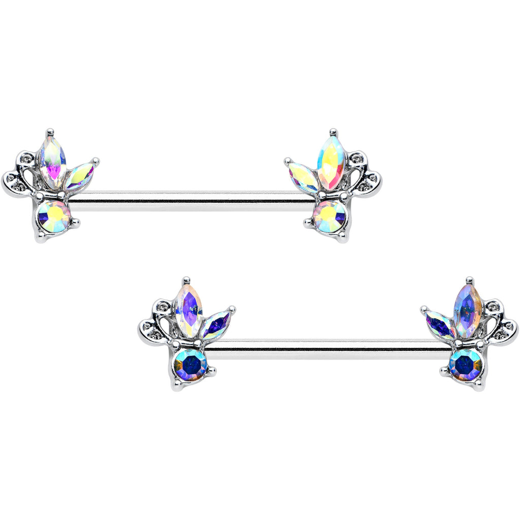 BodyCandy 14G 9/16 Aurora CZ Gem Fleur de Lis Butterfly Barbell Nipple Ring Set — main product shot
