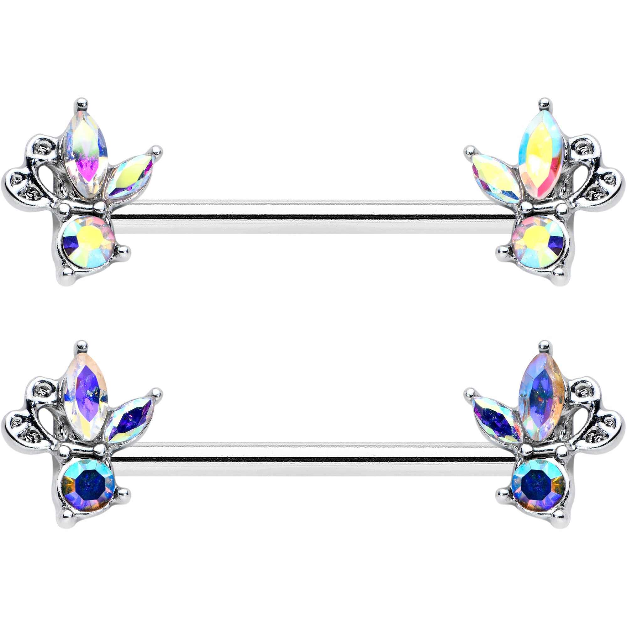 BodyCandy 14G 9/16 Aurora CZ Gem Fleur de Lis Butterfly Barbell Nipple Ring Set — detail close-up