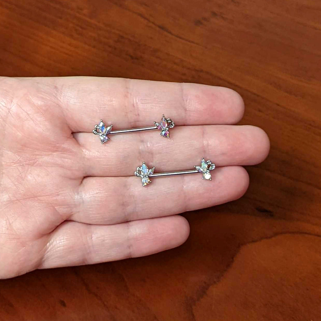 BodyCandy 14G 9/16 Aurora CZ Gem Fleur de Lis Butterfly Barbell Nipple Ring Set — side view