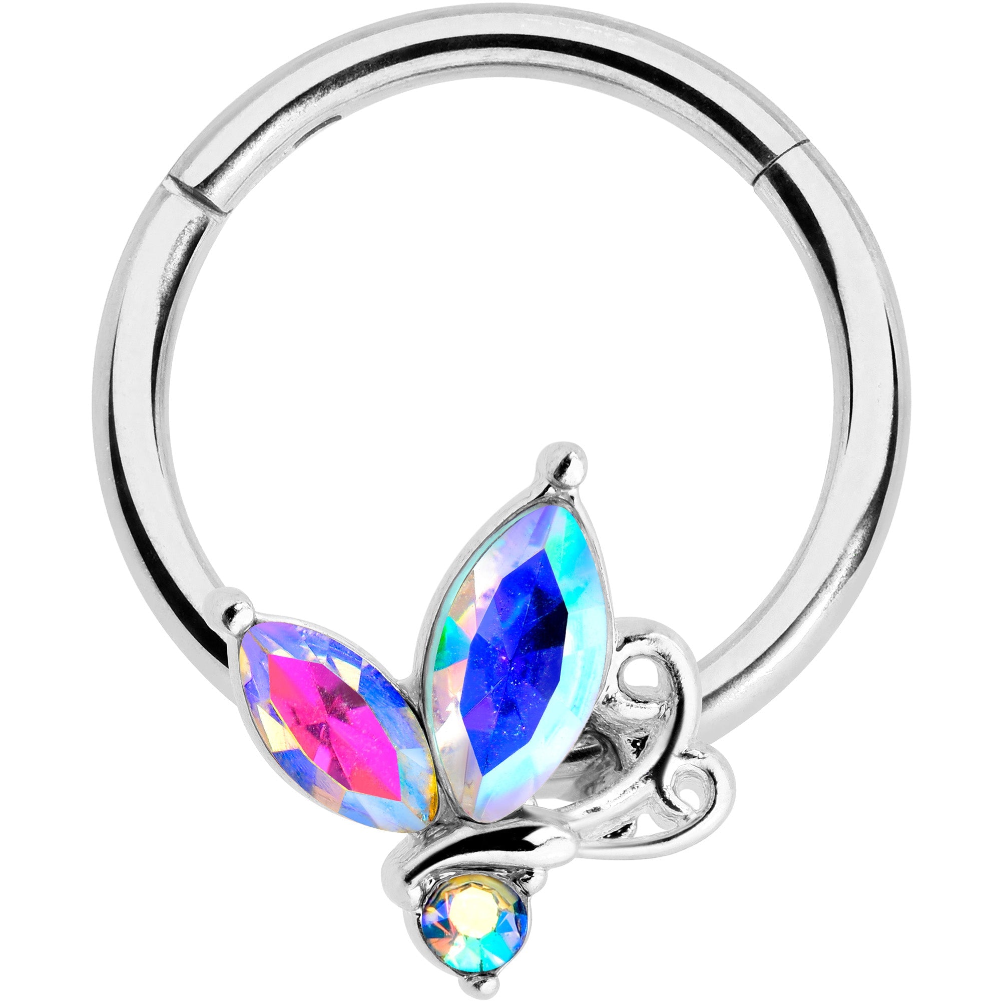 BodyCandy 16G 3/8 Aurora CZ Gem Fleur de Lis Butterfly Hinged Segment Ring — main product shot