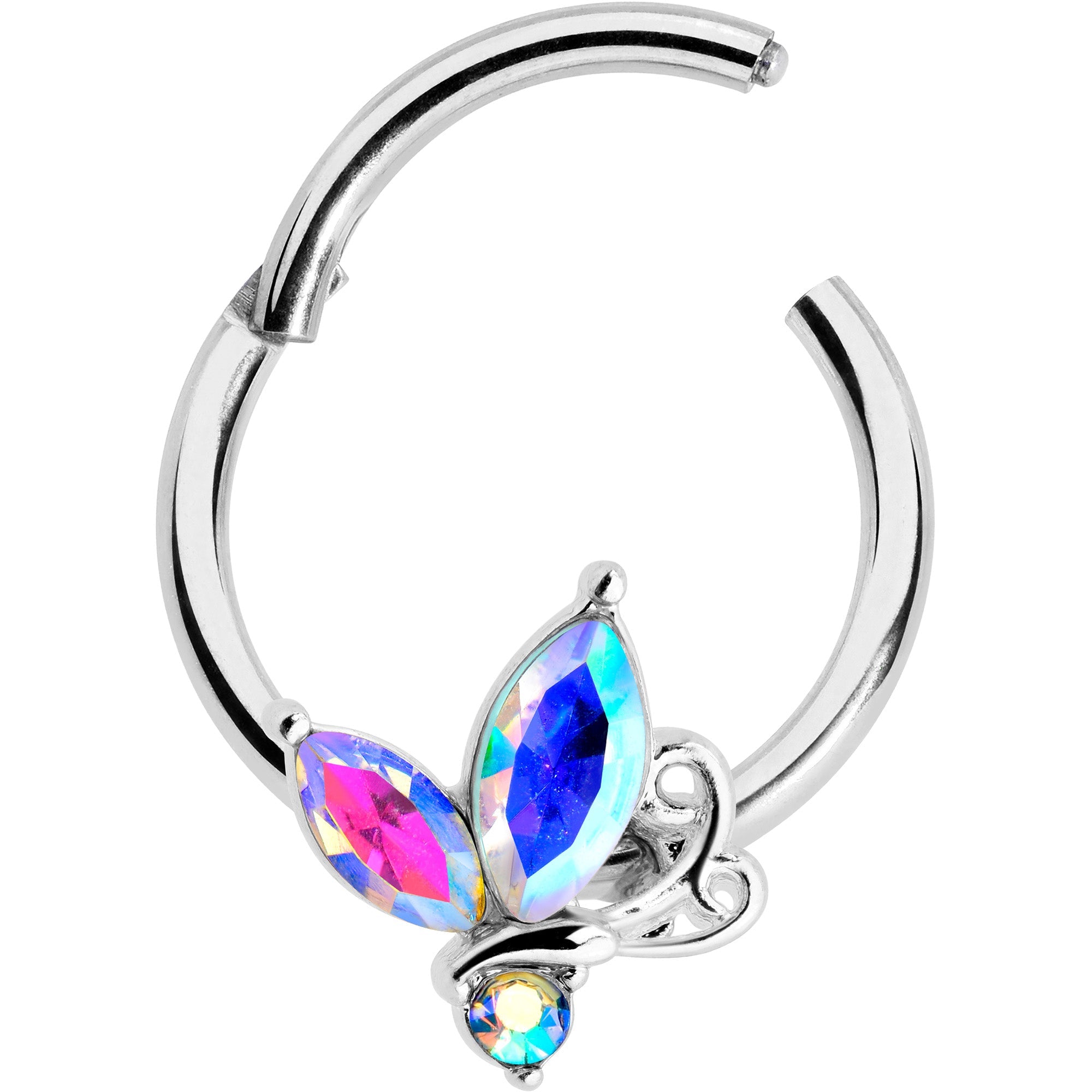BodyCandy 16G 3/8 Aurora CZ Gem Fleur de Lis Butterfly Hinged Segment Ring — detail close-up