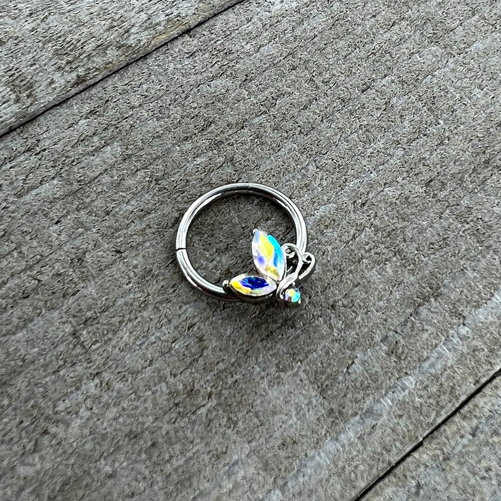 BodyCandy 16G 3/8 Aurora CZ Gem Fleur de Lis Butterfly Hinged Segment Ring — side view
